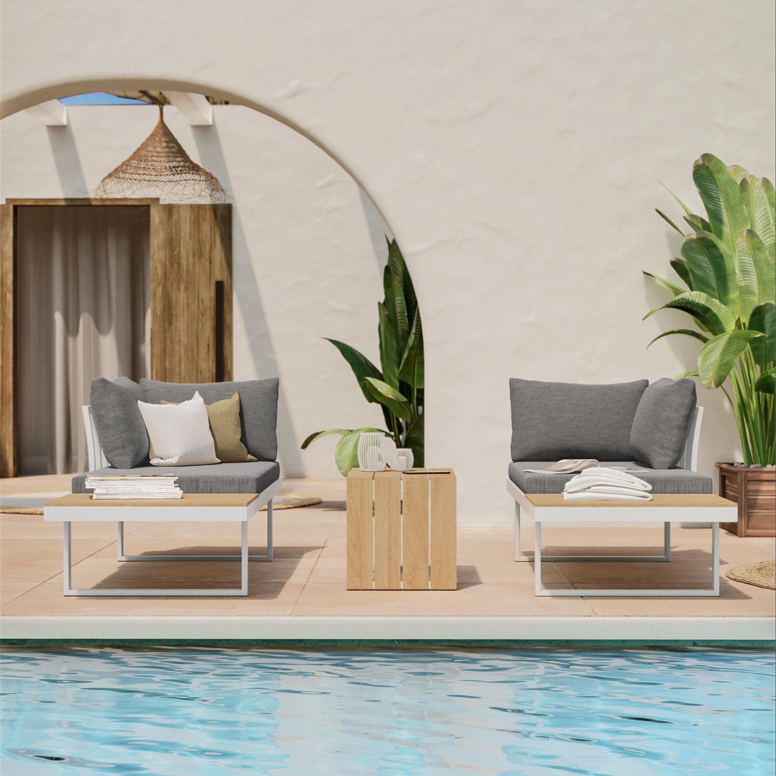 Set relax modulare in alluminio bianco e dettagli effetto legno con cuscini grigio - Scilla