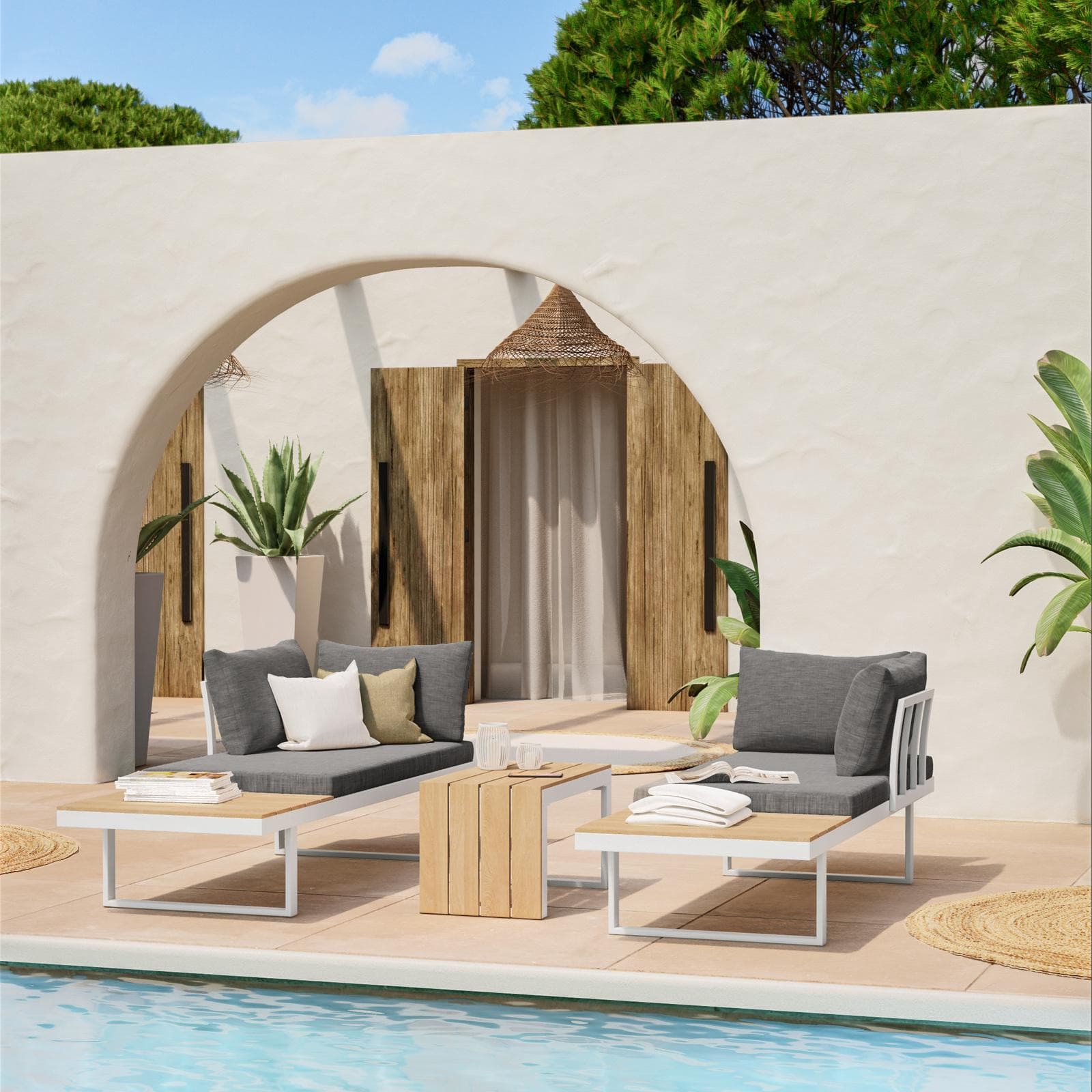 Set relax modulare in alluminio bianco e dettagli effetto legno con cuscini grigio - Scilla