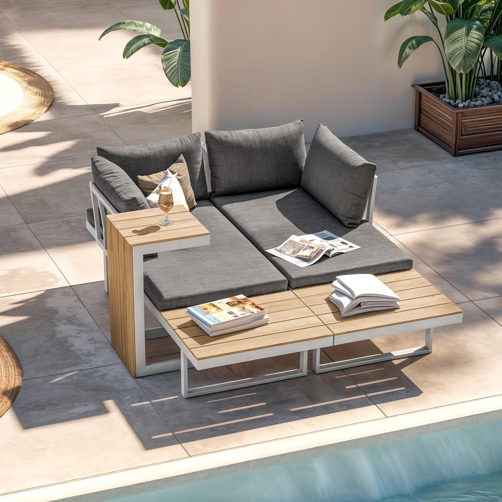 Set relax modulare in alluminio bianco e dettagli effetto legno con cuscini grigio - Scilla
