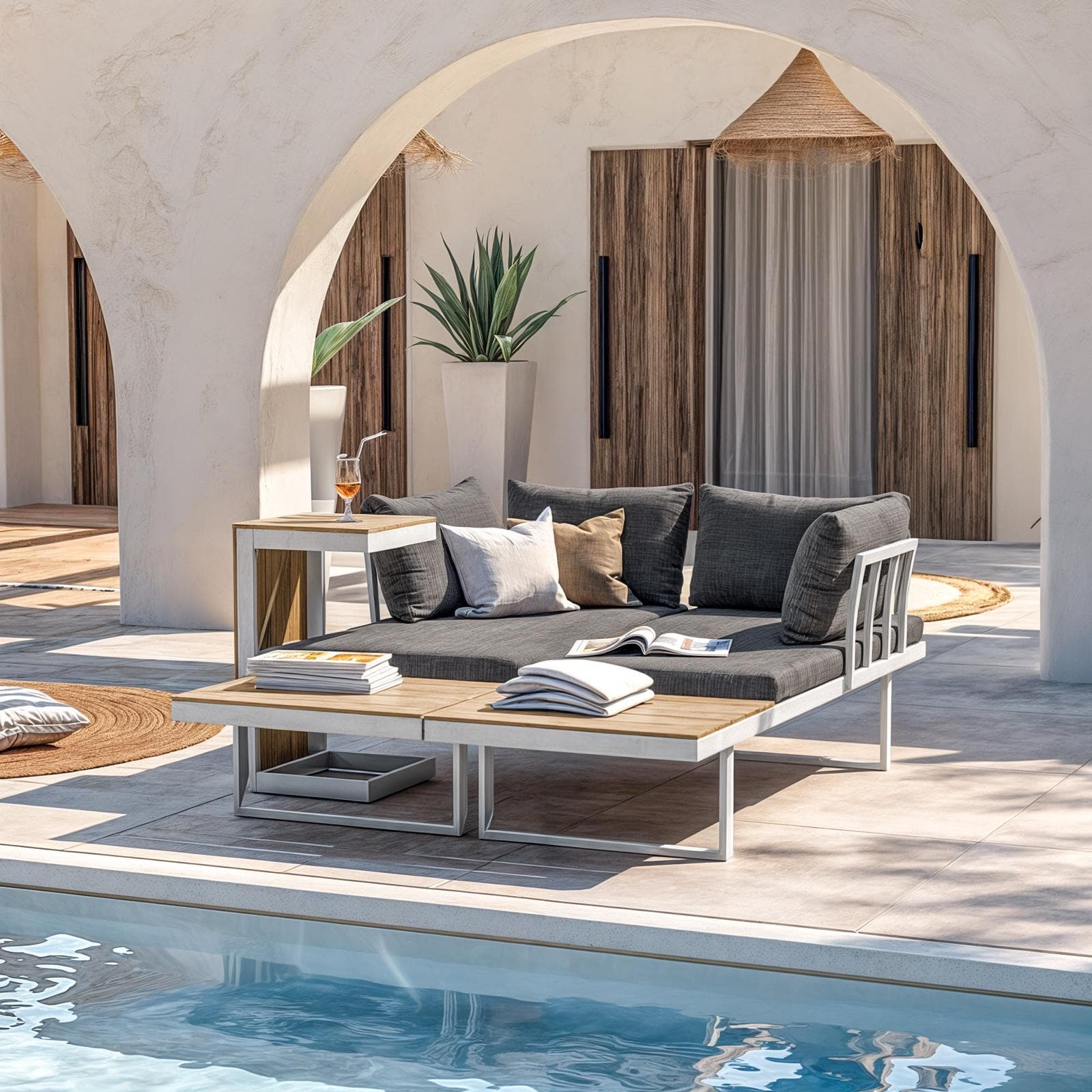 Set relax modulare in alluminio bianco e dettagli effetto legno con cuscini grigio - Scilla