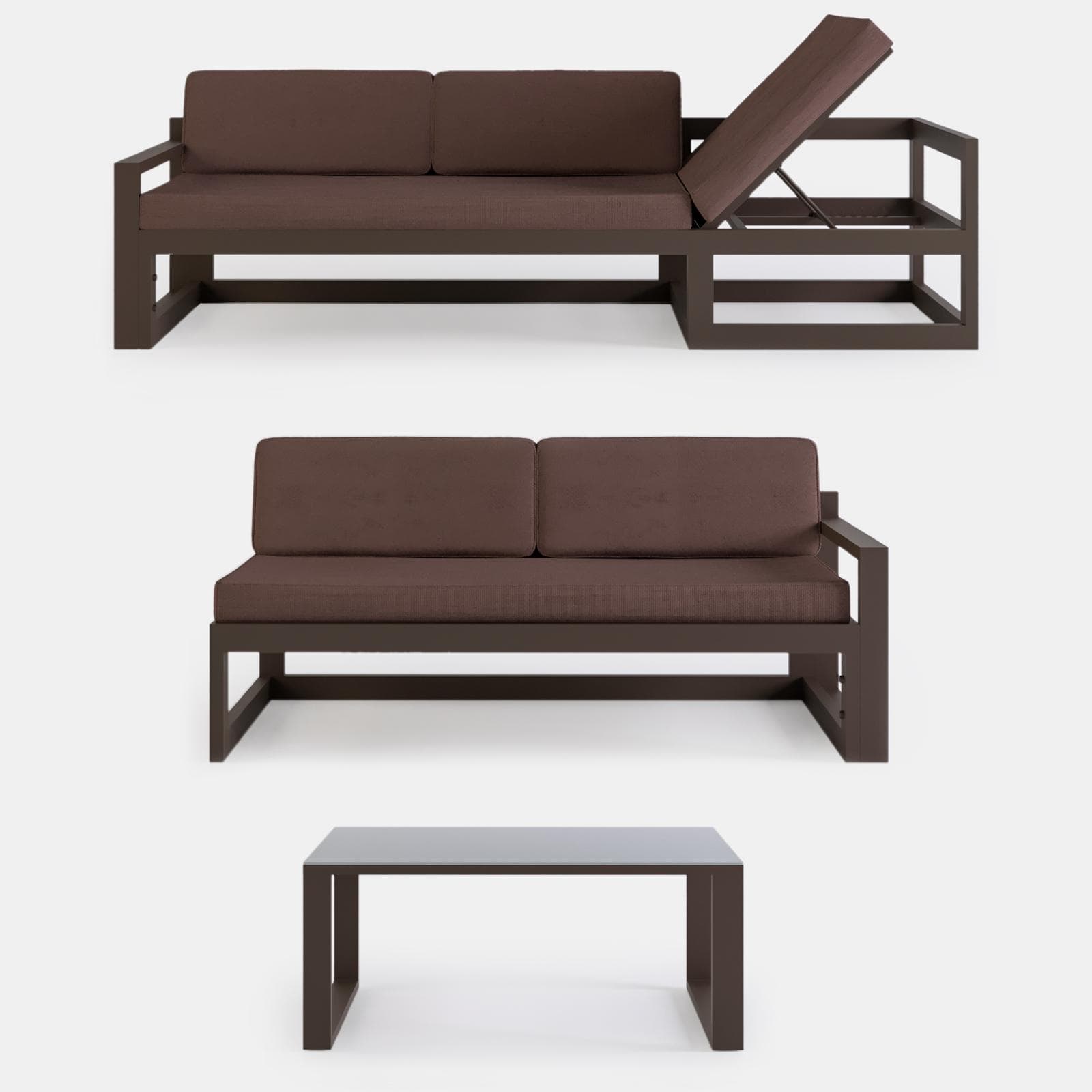 Set relax divano angolare in alluminio marrone con cuscini e tavolino - Carioca Lounge