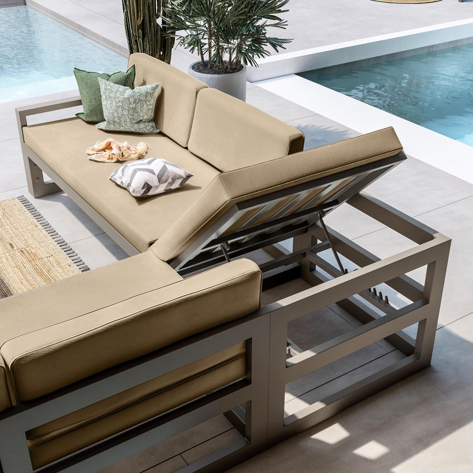 Set relax divano angolare in alluminio tortora freddo con cuscini e tavolino - Carioca Lounge