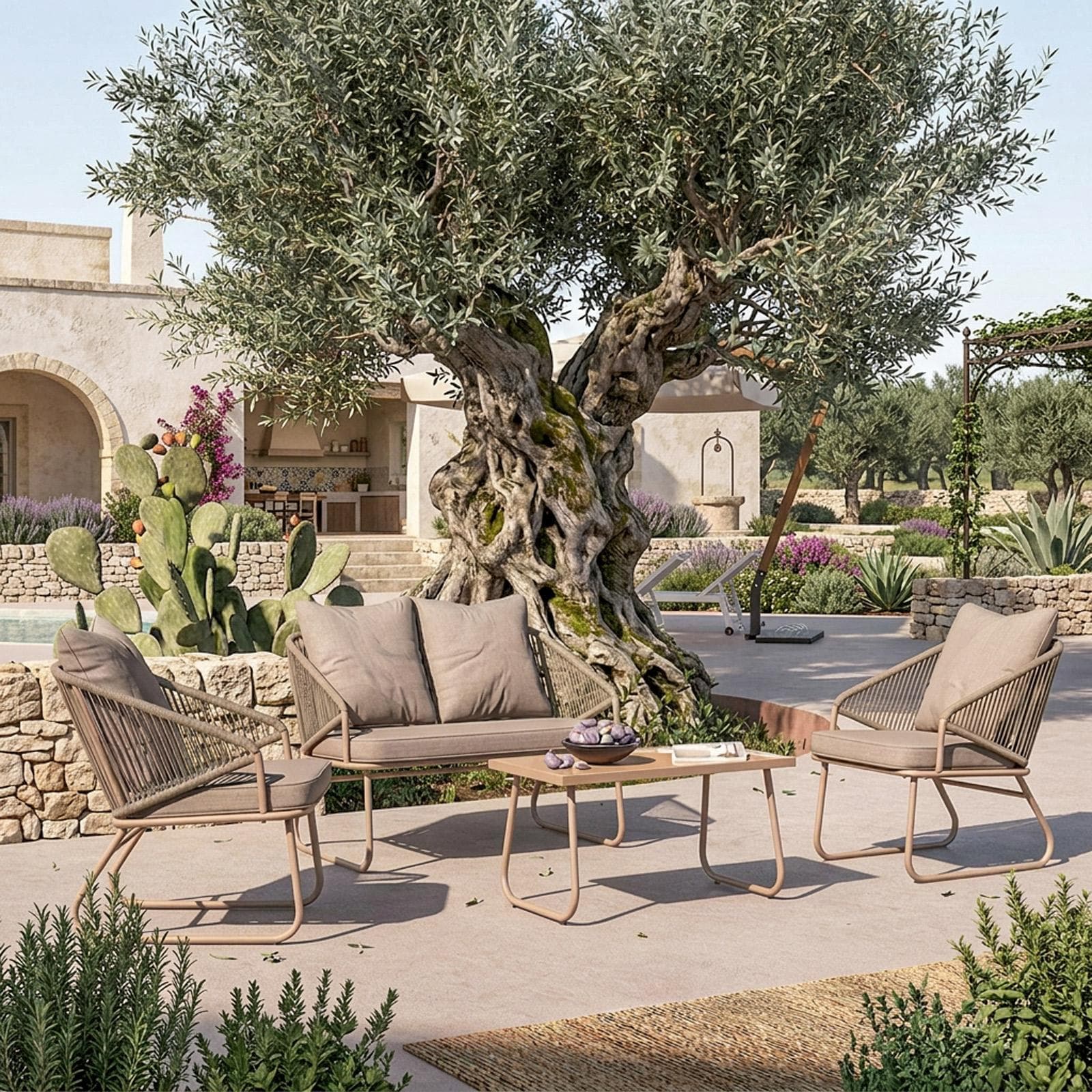 Set relax da giardino in corda beige con cuscini - Primrose