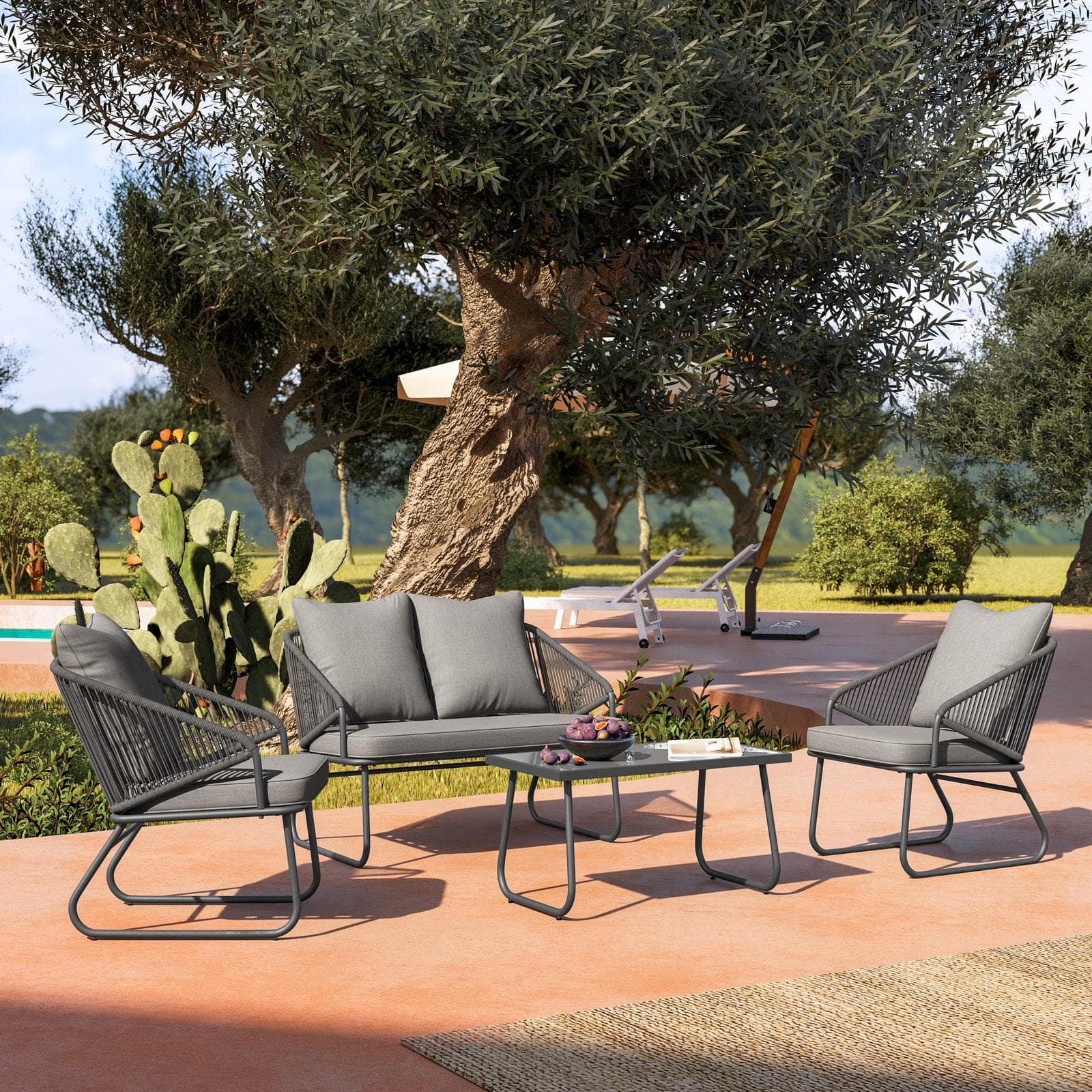 Set relax da giardino in corda grigia e cuscini - Primrose