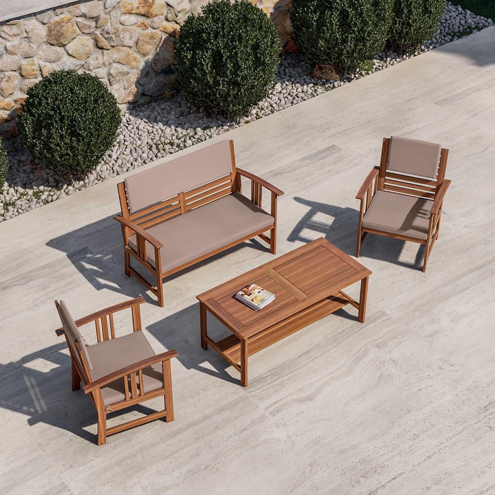 Set relax da giardino 4 posti in legno di acacia con cuscini tortora - Smeraldo