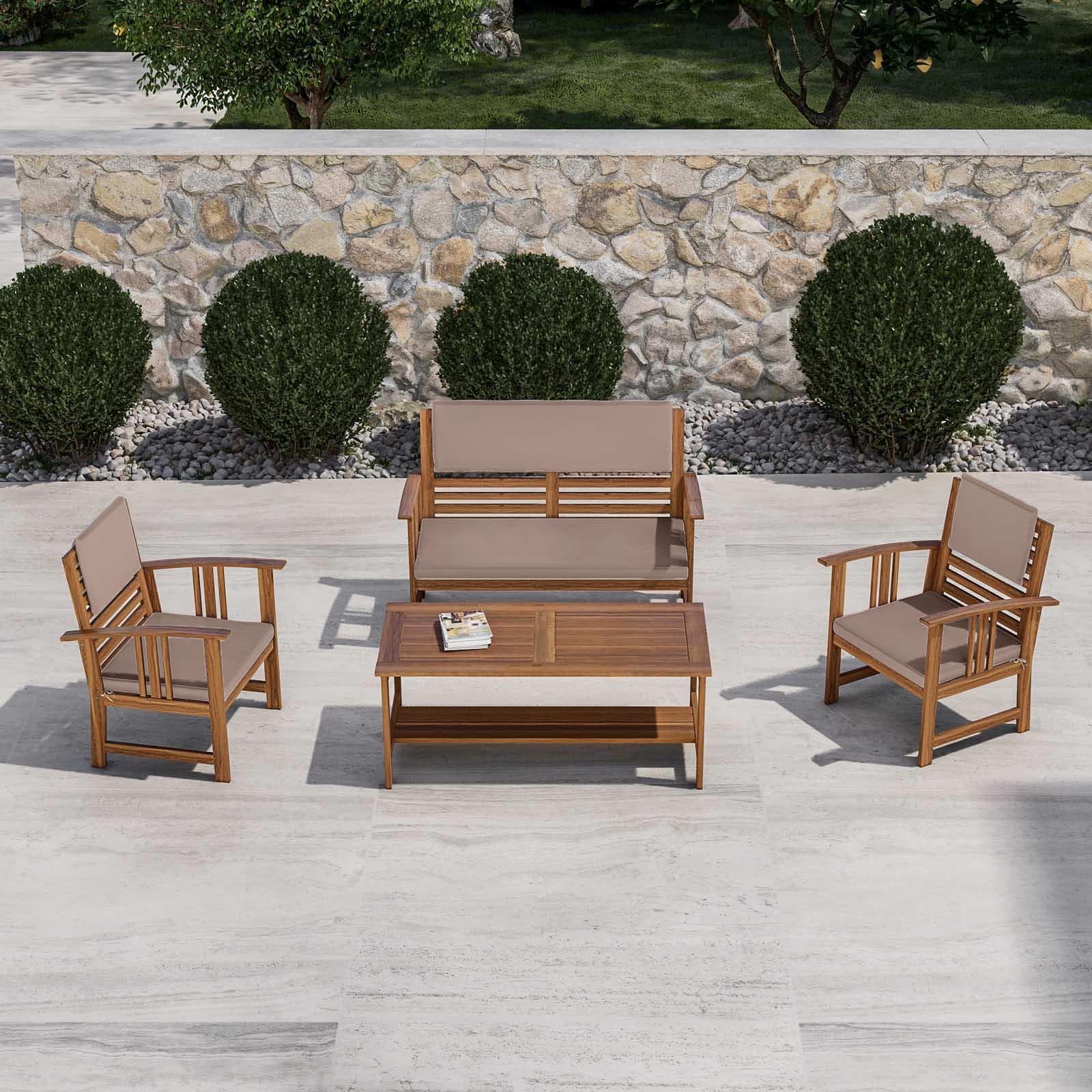 Set relax da giardino 4 posti in legno di acacia con cuscini tortora - Smeraldo