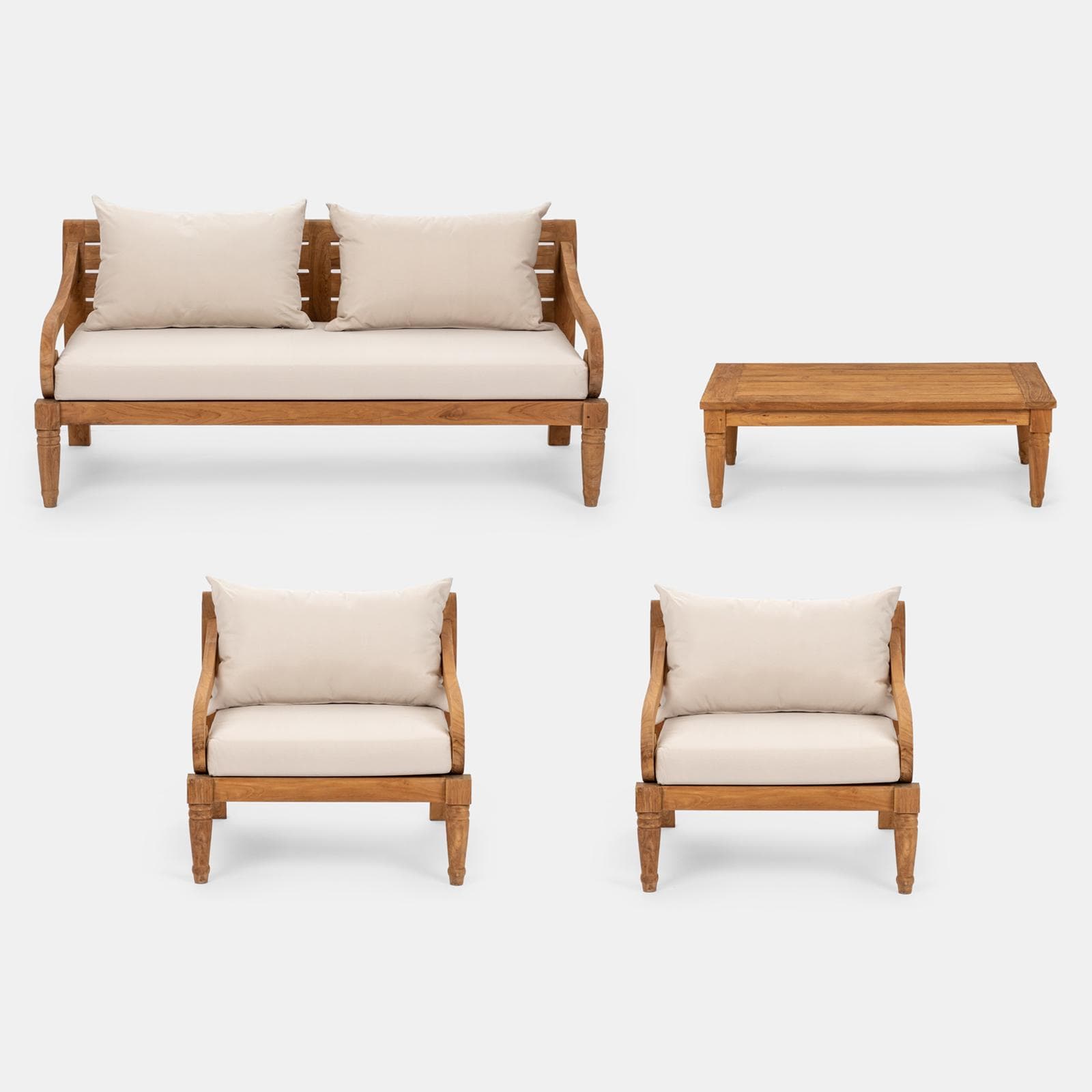 Set relax da giardino in teak con cuscini ecrù e tavolino - Belem