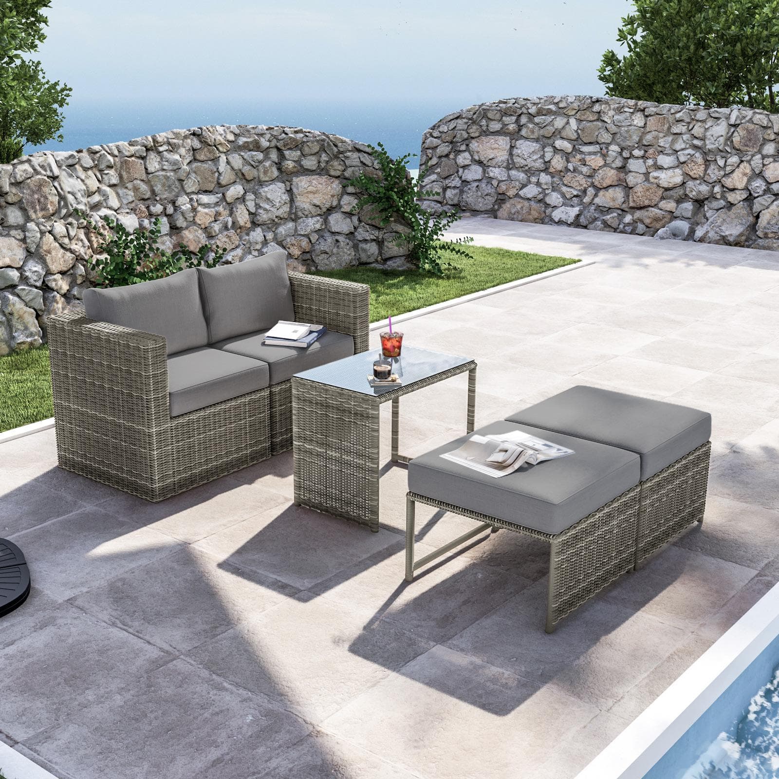 TOBAGO SET RELAX 2 POLTRONE 2 POUF E TAVOLINO POLYRATTAN GRIGIO C/ CUSCINI GRIGIO