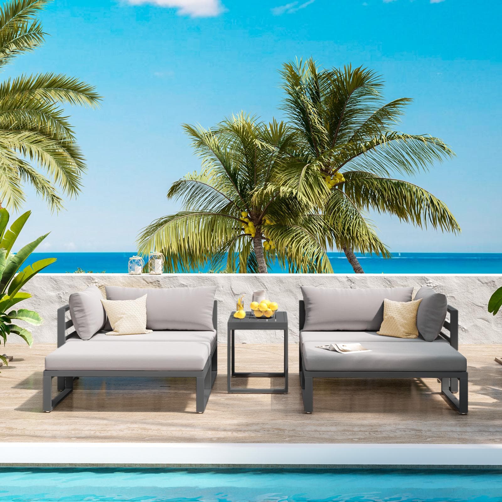 Set relax da giardino modulare in alluminio antracite con cuscini grigi - Gioza