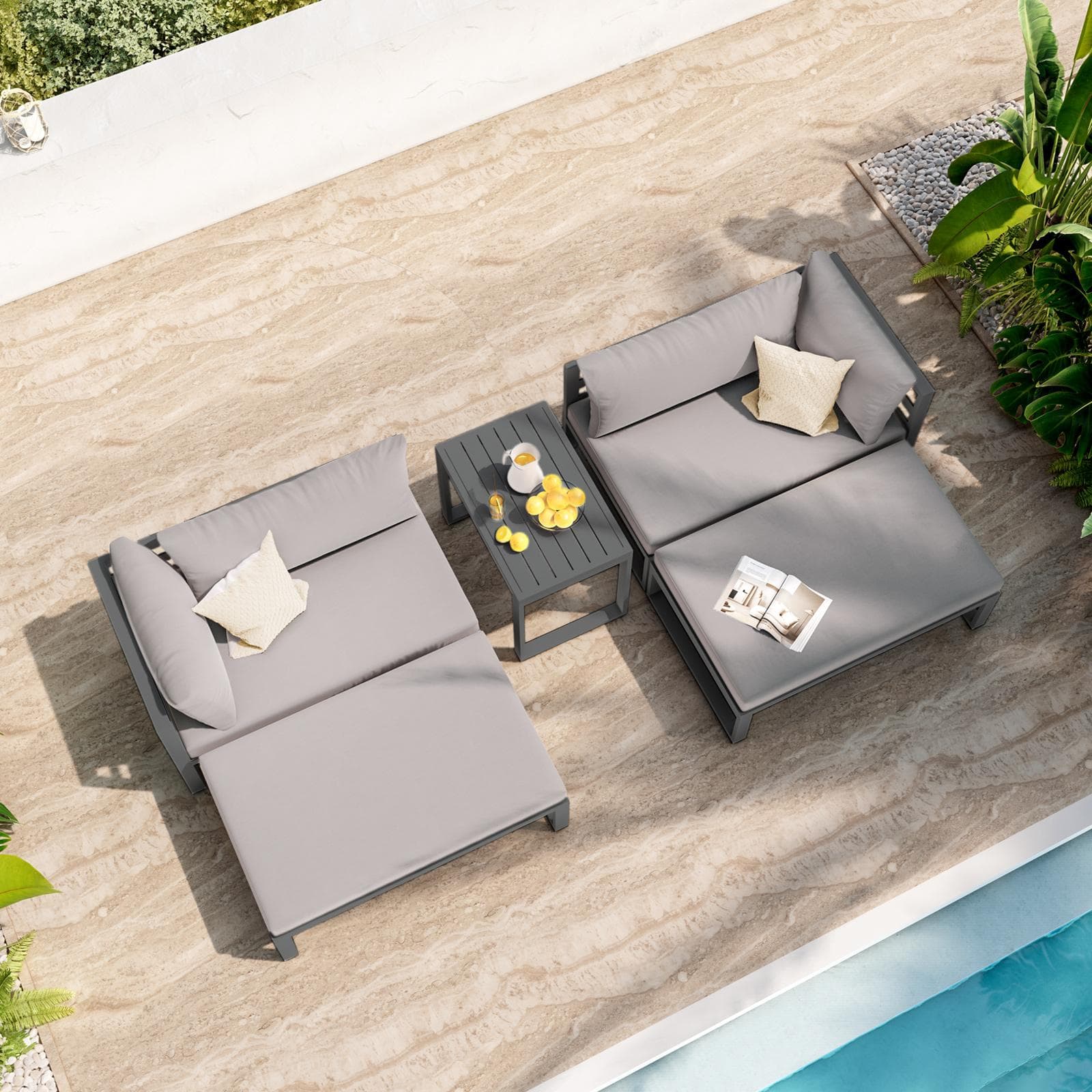 Set relax da giardino modulare in alluminio antracite con cuscini grigi - Gioza