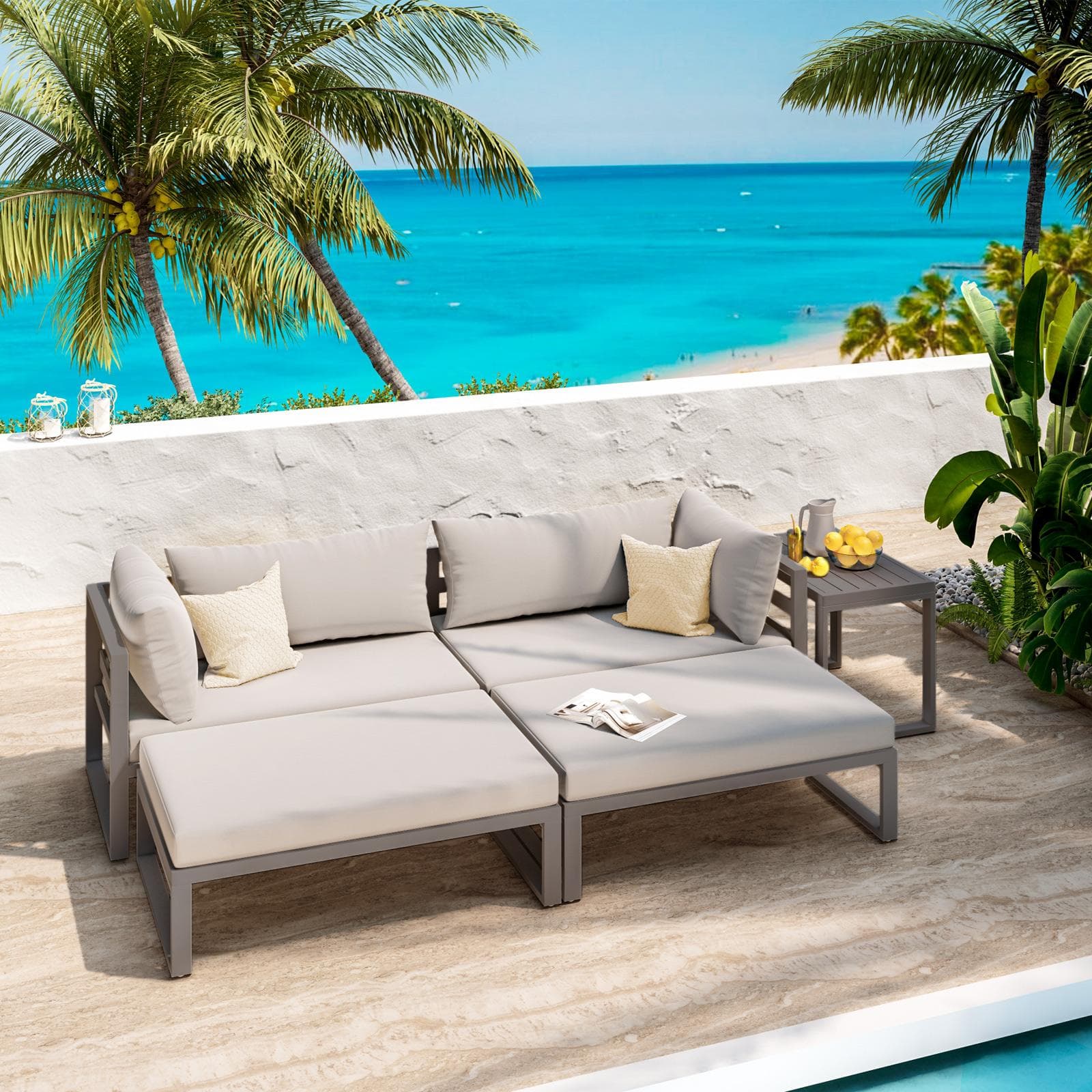 Set relax da giardino modulare in alluminio tortora con cuscini tortora chiaro - Gioza