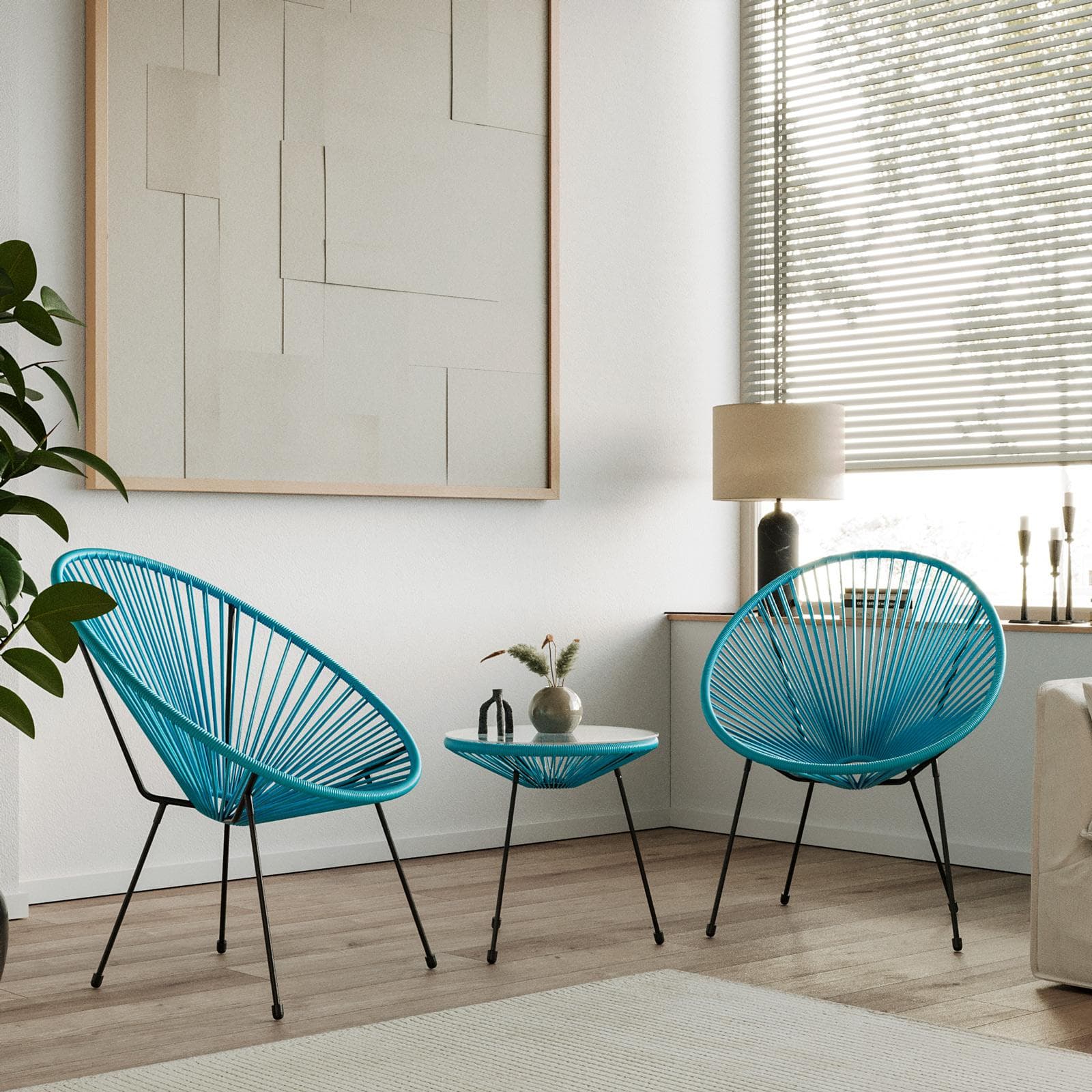 Set relax da salotto con 2 poltrone e tavolino rotondo 50 cm in acciaio e corda azzurro - Kalimba