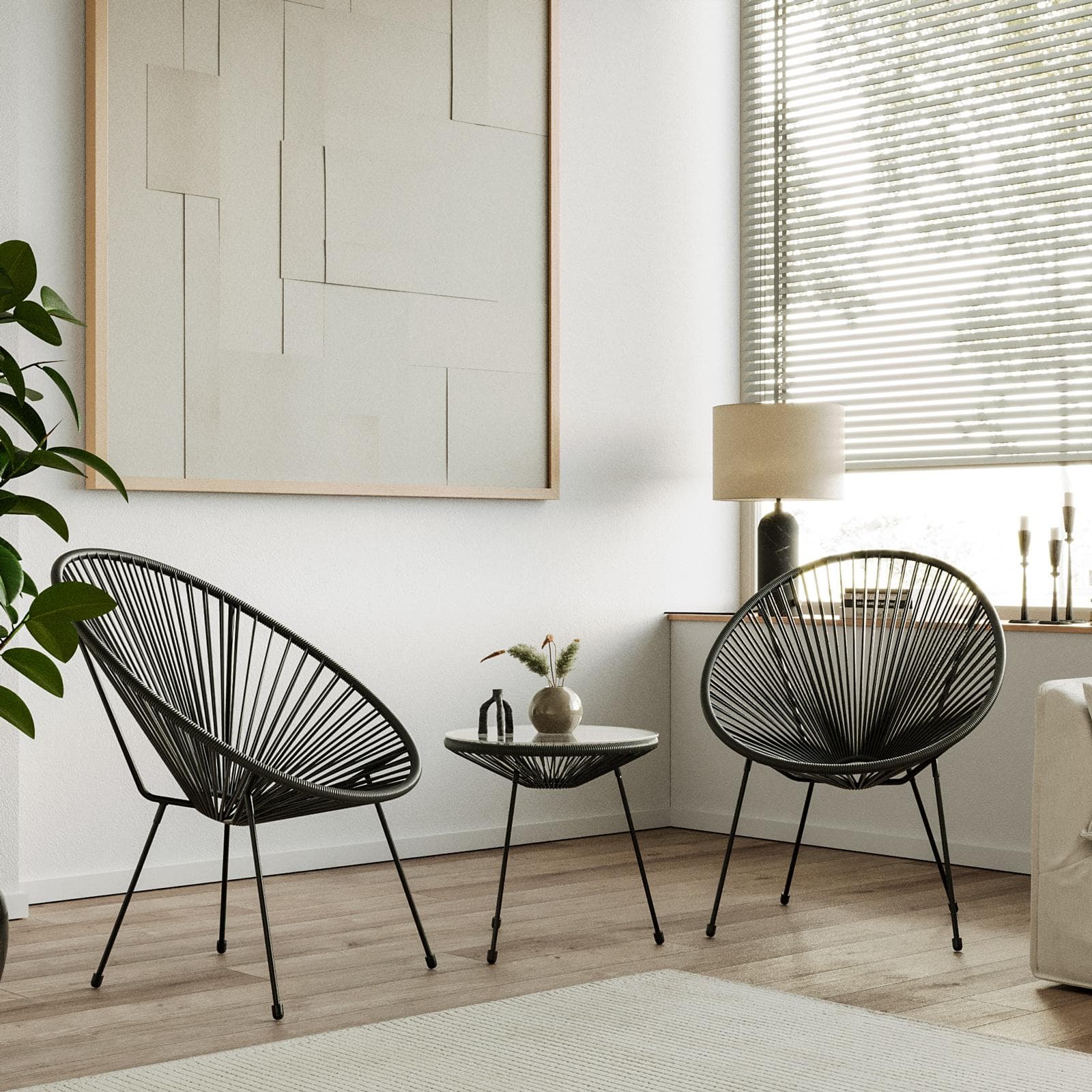 Set relax da salotto con 2 poltrone e tavolino rotondo 50 cm in acciaio e corda nero - Kalimba
