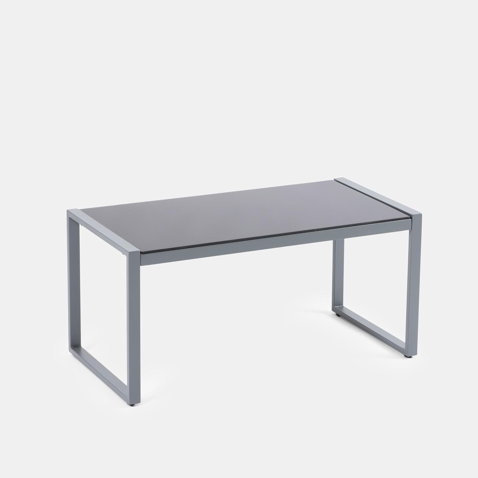 Set relax divano 2 poltrone e tavolino in polyrattan e acciaio grigio – Jerez