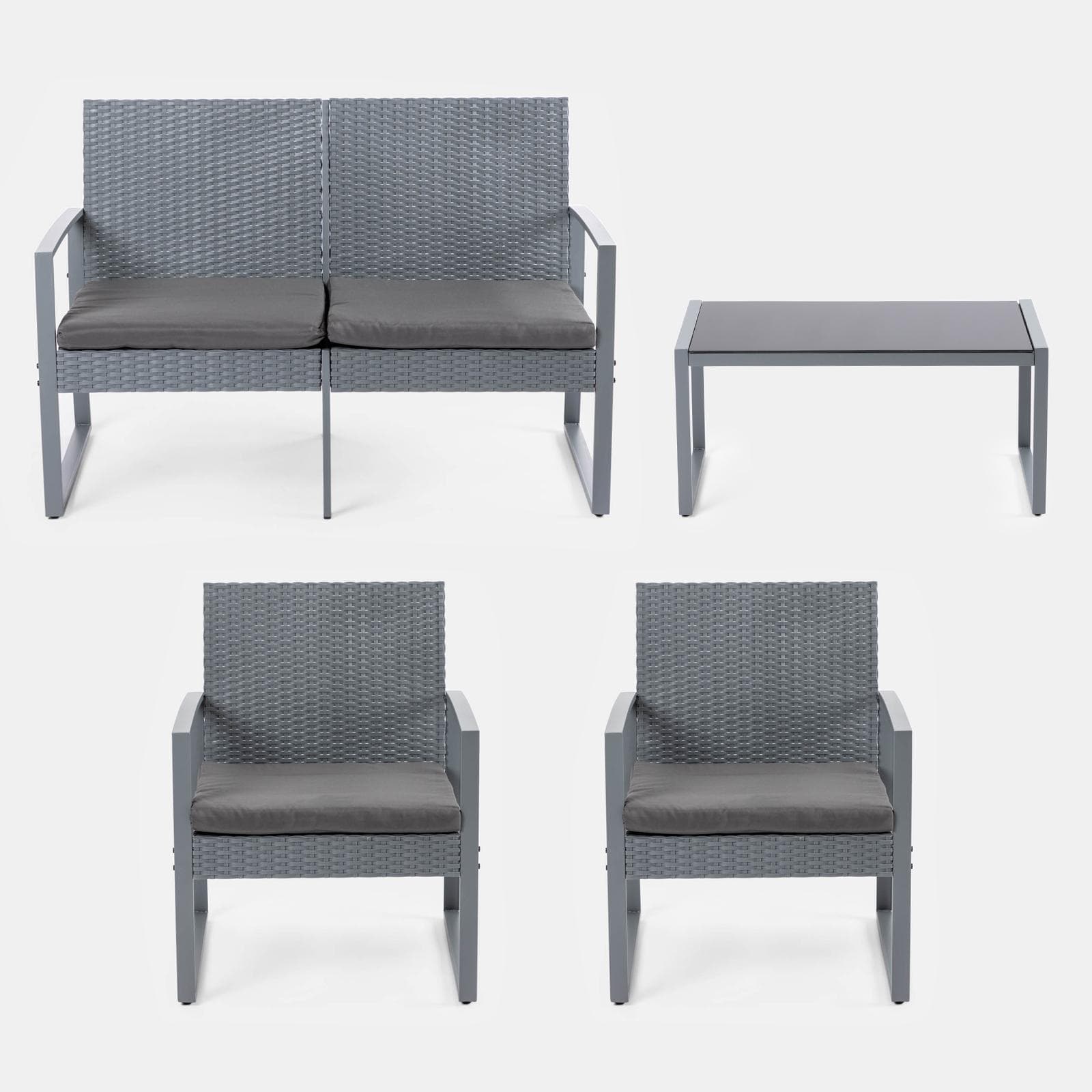 Set relax divano 2 poltrone e tavolino in polyrattan e acciaio grigio – Jerez