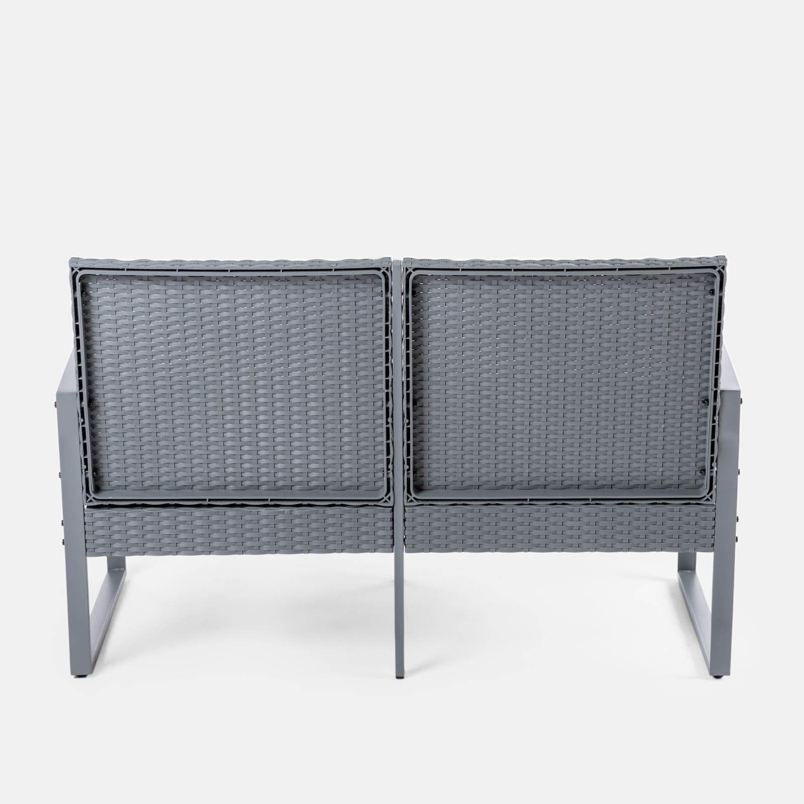 Set relax divano 2 poltrone e tavolino in polyrattan e acciaio grigio – Jerez