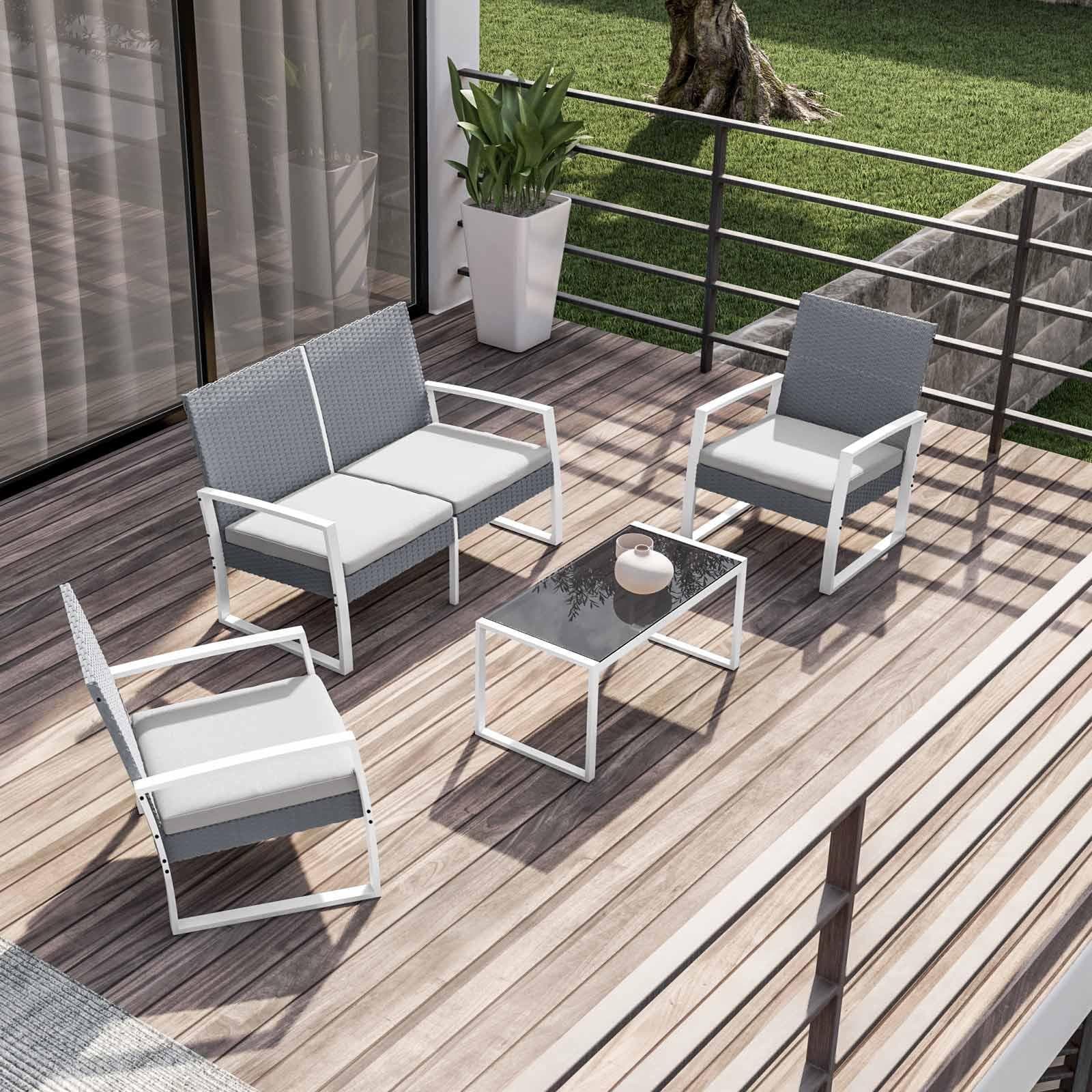 Set relax divano 2 poltrone e tavolino in polyrattan grigio e acciaio bianco – Jerez