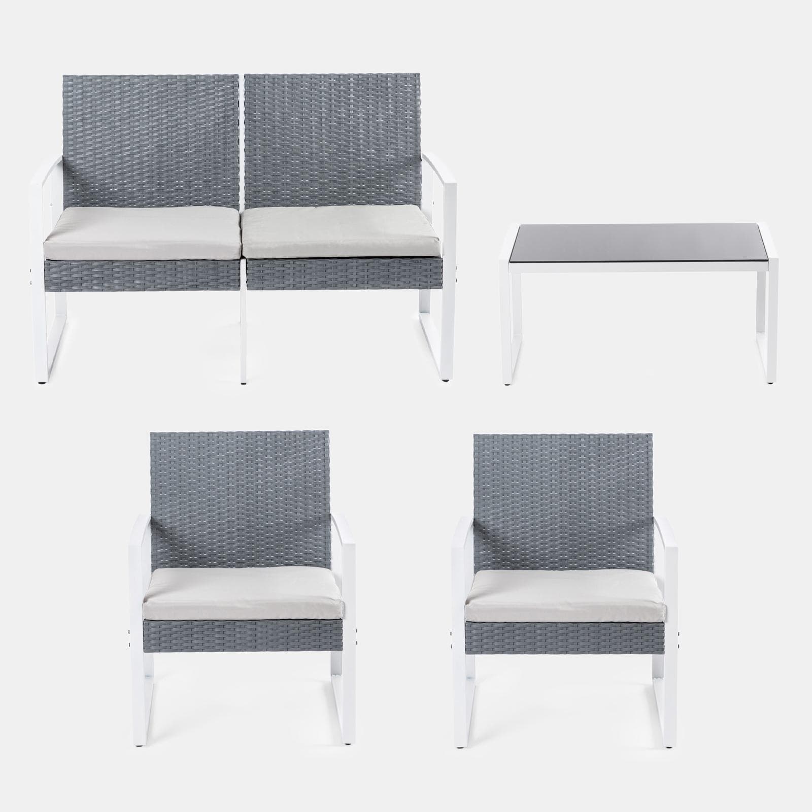 Set relax divano 2 poltrone e tavolino in polyrattan grigio e acciaio bianco – Jerez