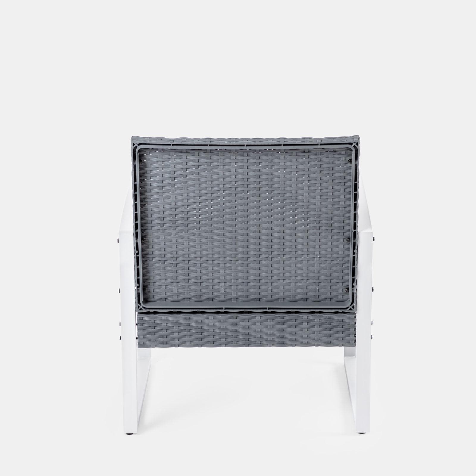 Set relax divano 2 poltrone e tavolino in polyrattan grigio e acciaio bianco – Jerez