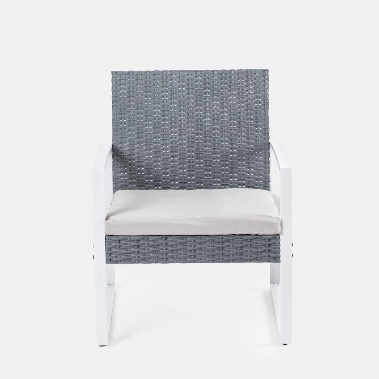 Set relax divano 2 poltrone e tavolino in polyrattan grigio e acciaio bianco – Jerez