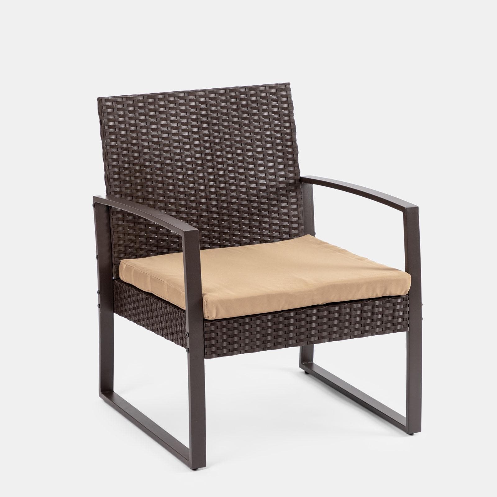 Set relax divano 2 poltrone e tavolino in polyrattan e acciaio marrone – Jerez