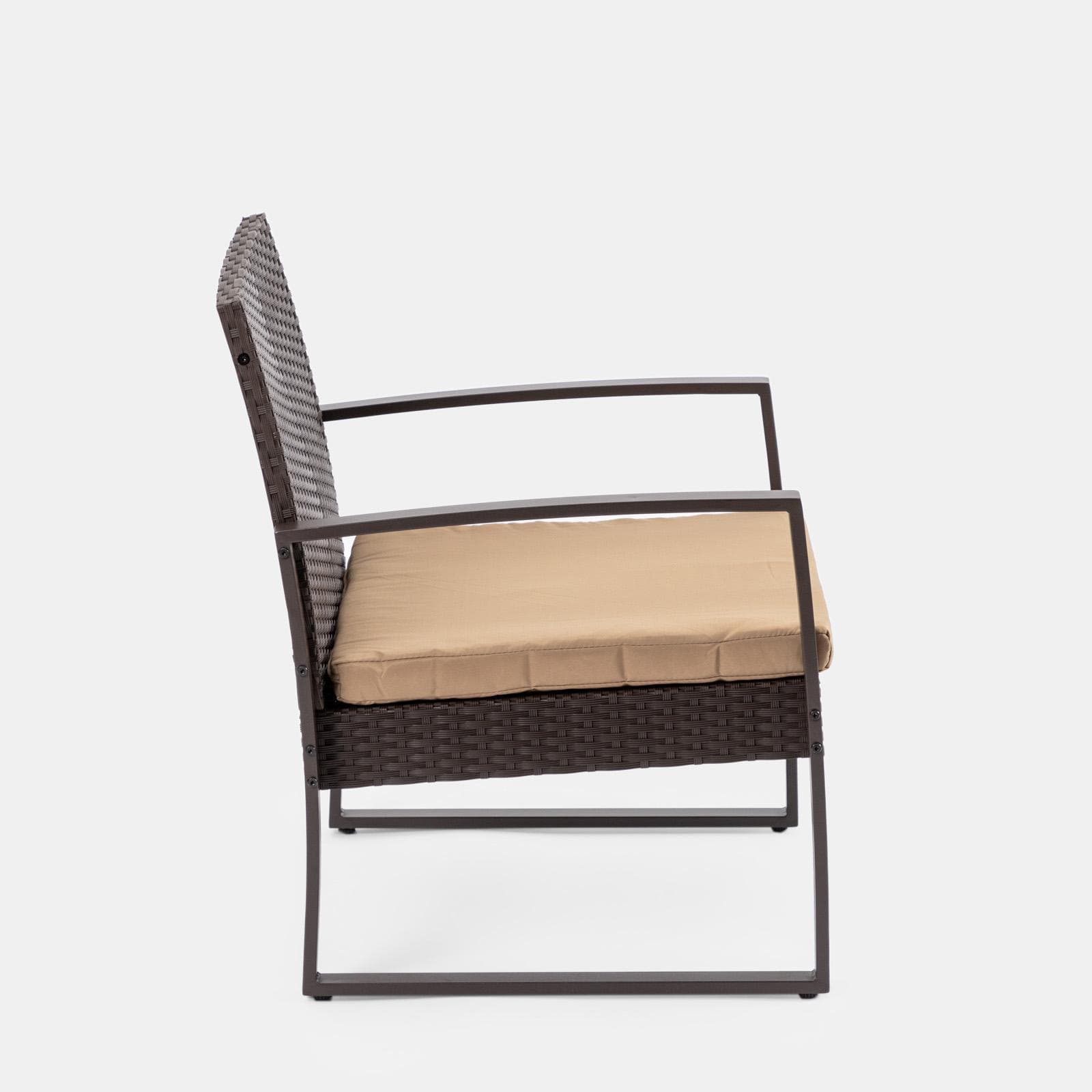 Set relax divano 2 poltrone e tavolino in polyrattan e acciaio marrone – Jerez