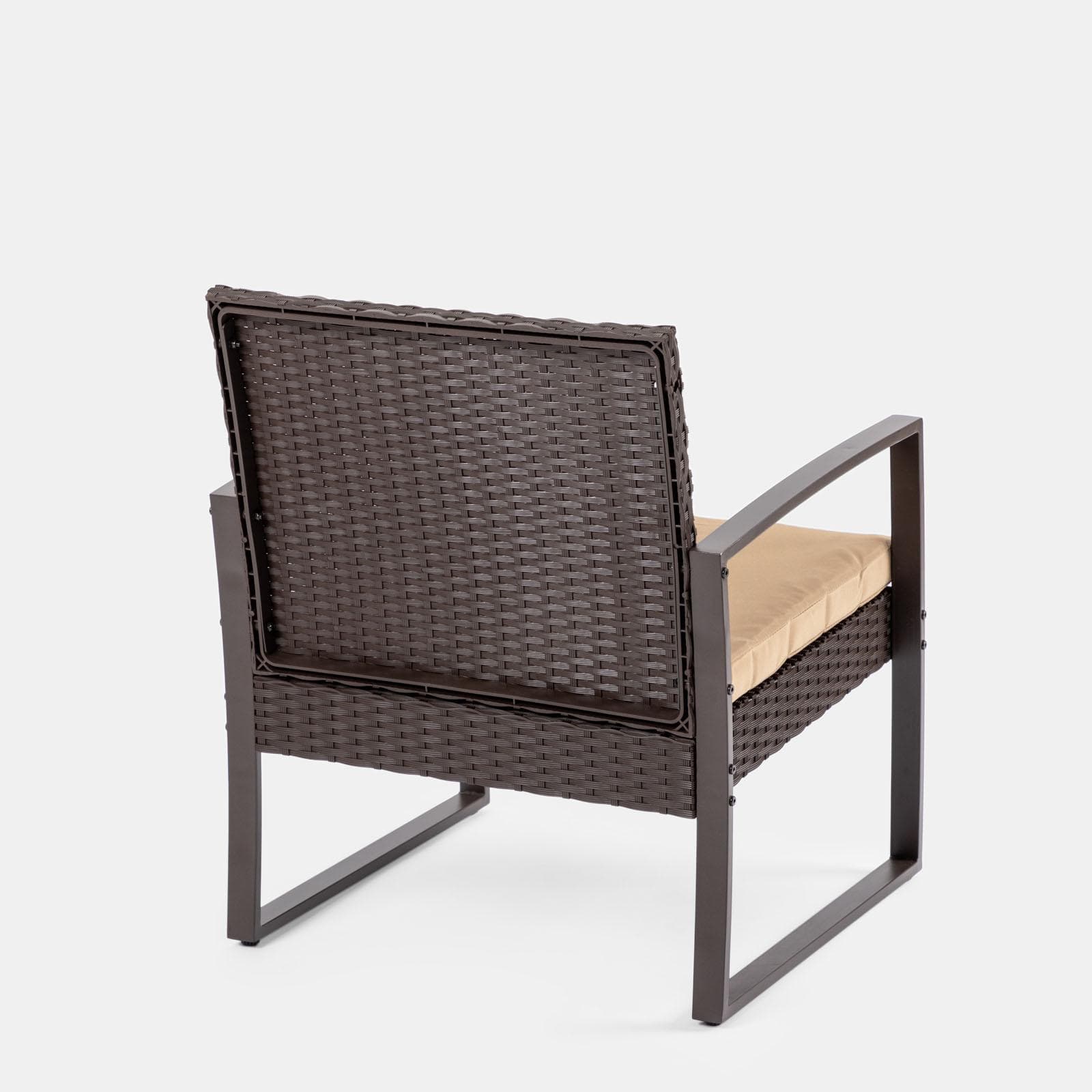 Set relax divano 2 poltrone e tavolino in polyrattan e acciaio marrone – Jerez
