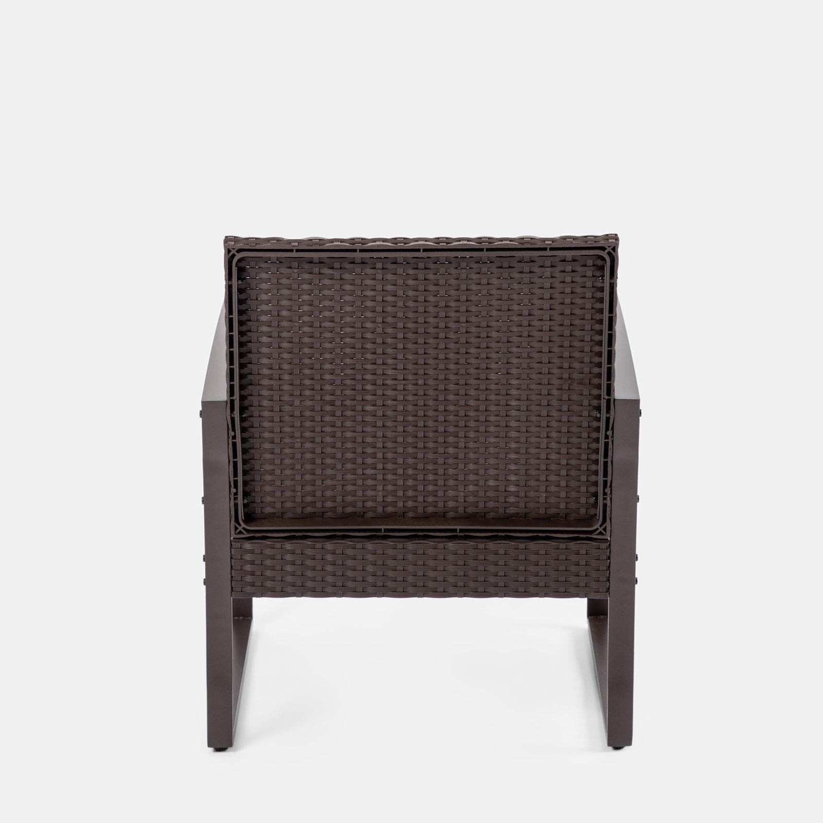 Set relax divano 2 poltrone e tavolino in polyrattan e acciaio marrone – Jerez