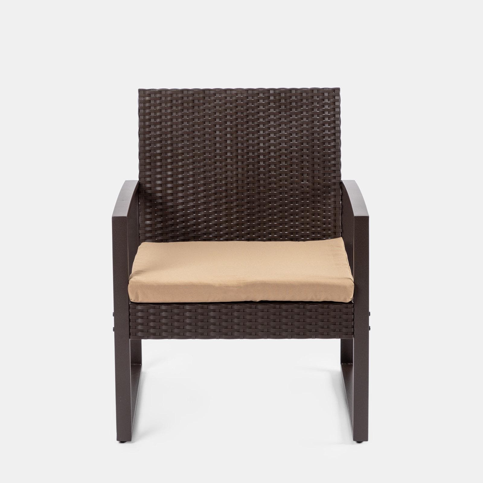 Set relax divano 2 poltrone e tavolino in polyrattan e acciaio marrone – Jerez