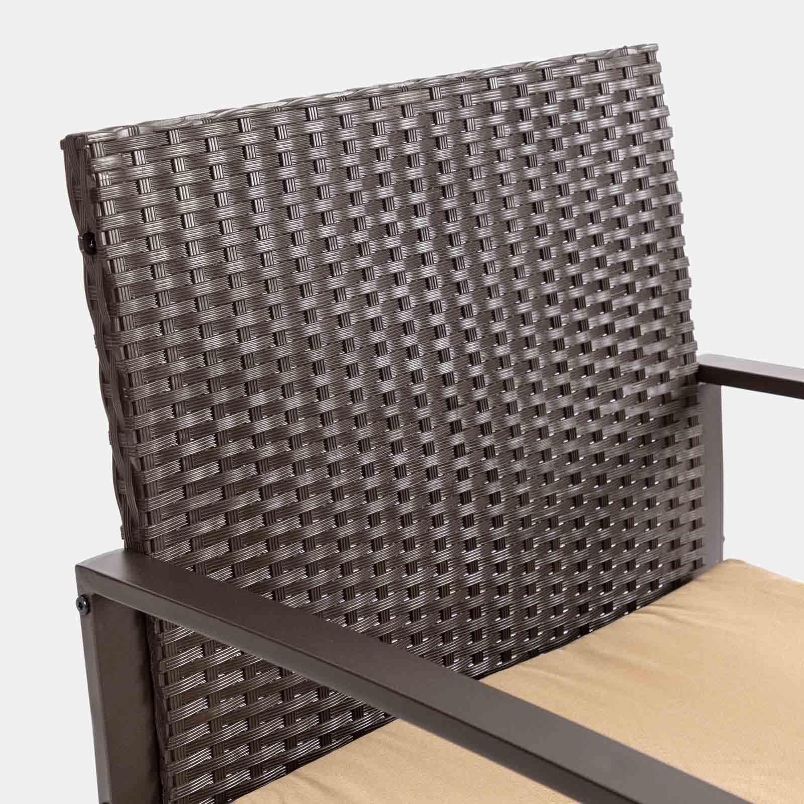Set relax divano 2 poltrone e tavolino in polyrattan e acciaio marrone – Jerez