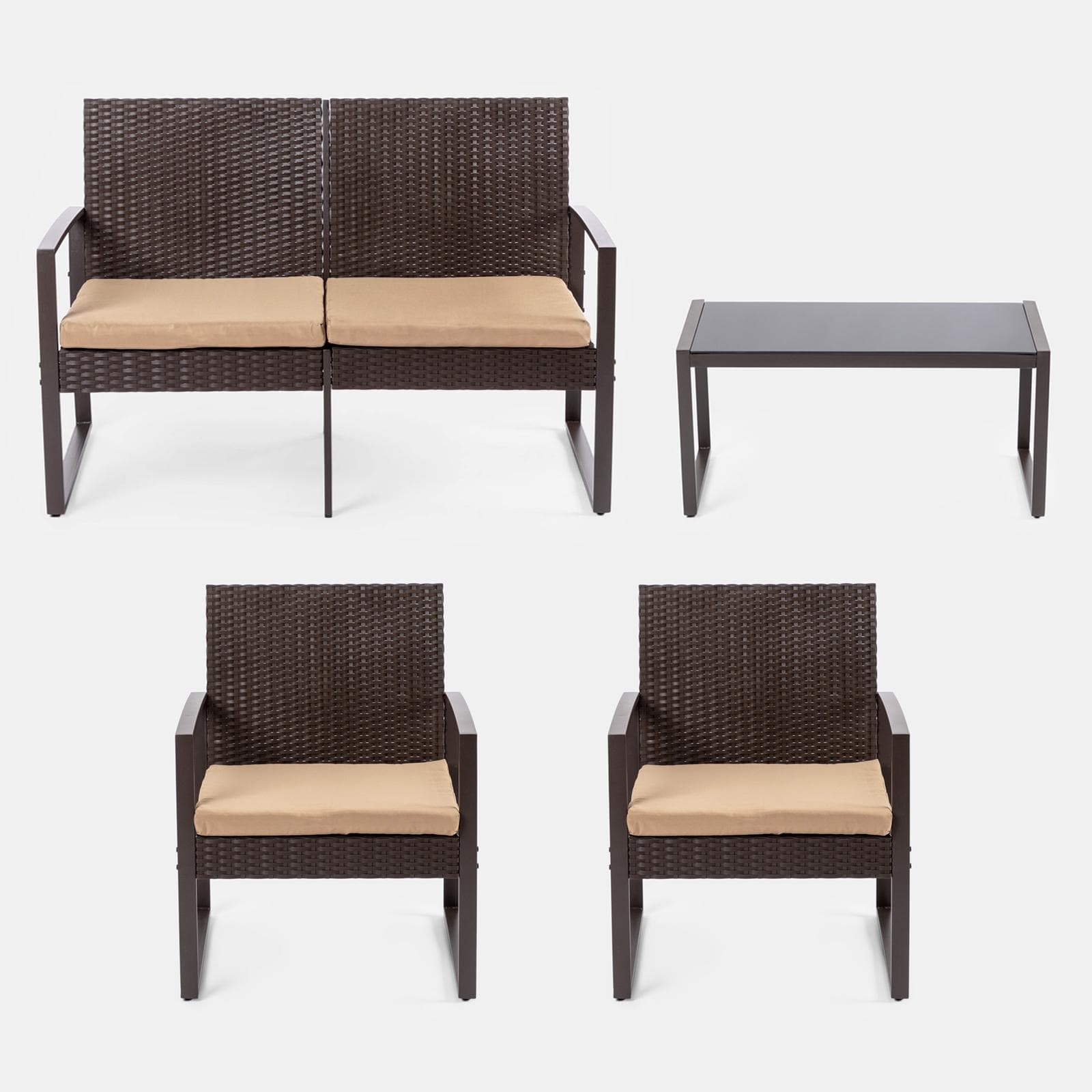 Set relax divano 2 poltrone e tavolino in polyrattan e acciaio marrone – Jerez