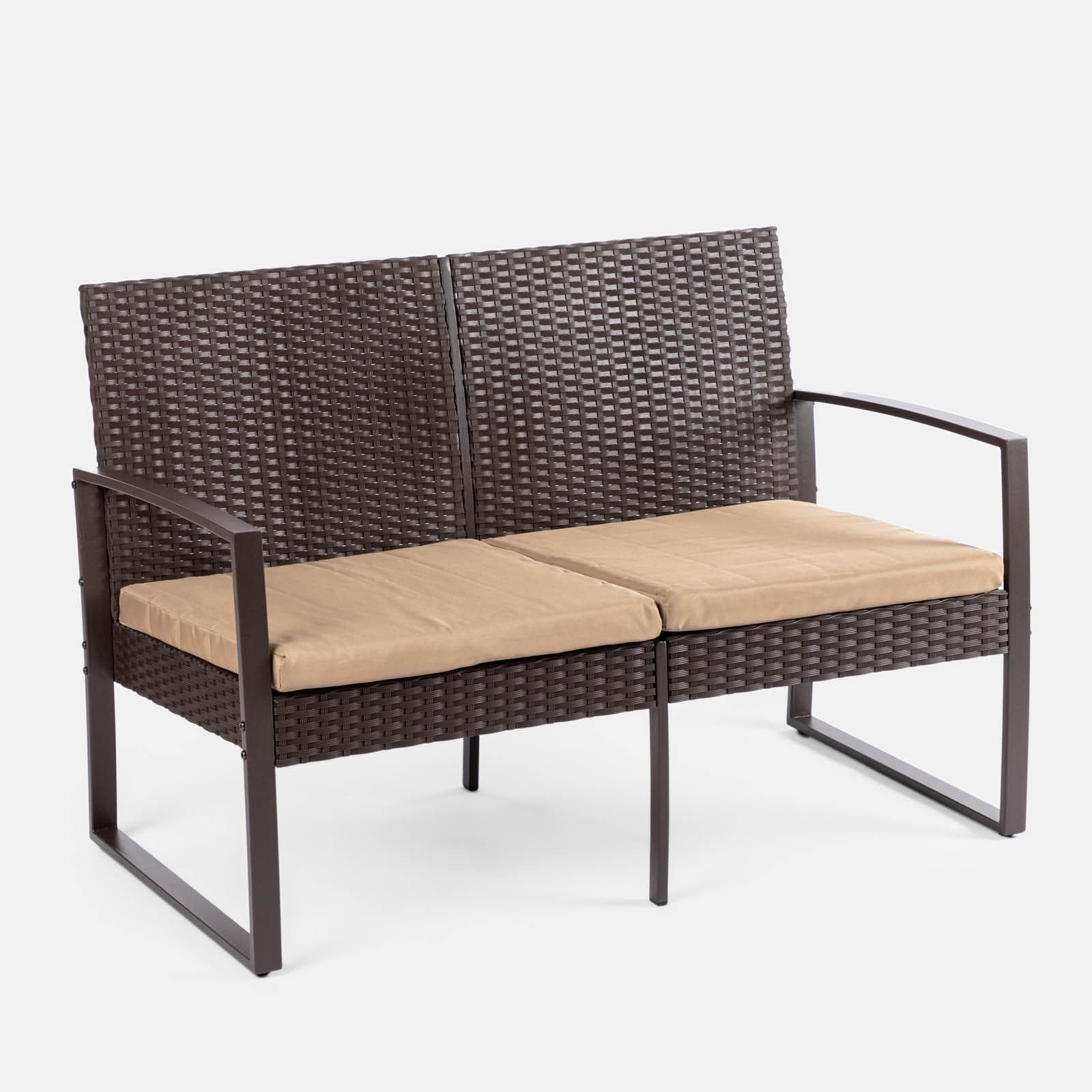 Set relax divano 2 poltrone e tavolino in polyrattan e acciaio marrone – Jerez