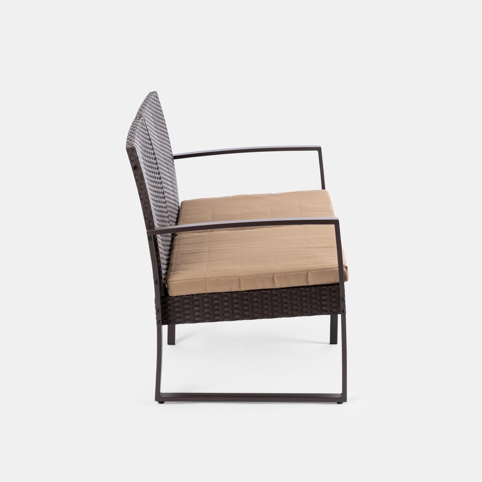 Set relax divano 2 poltrone e tavolino in polyrattan e acciaio marrone – Jerez