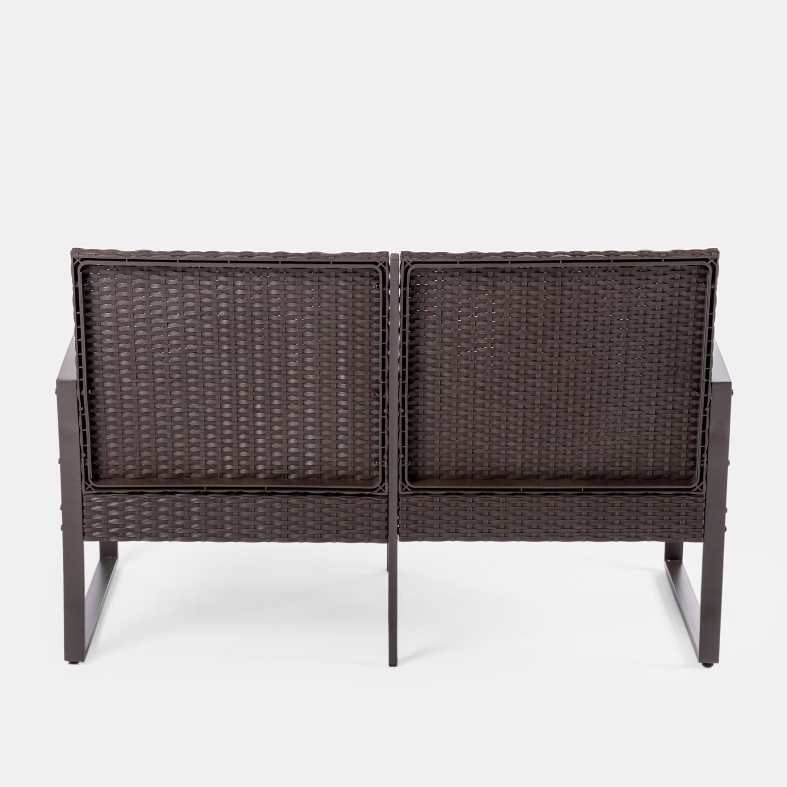 Set relax divano 2 poltrone e tavolino in polyrattan e acciaio marrone – Jerez