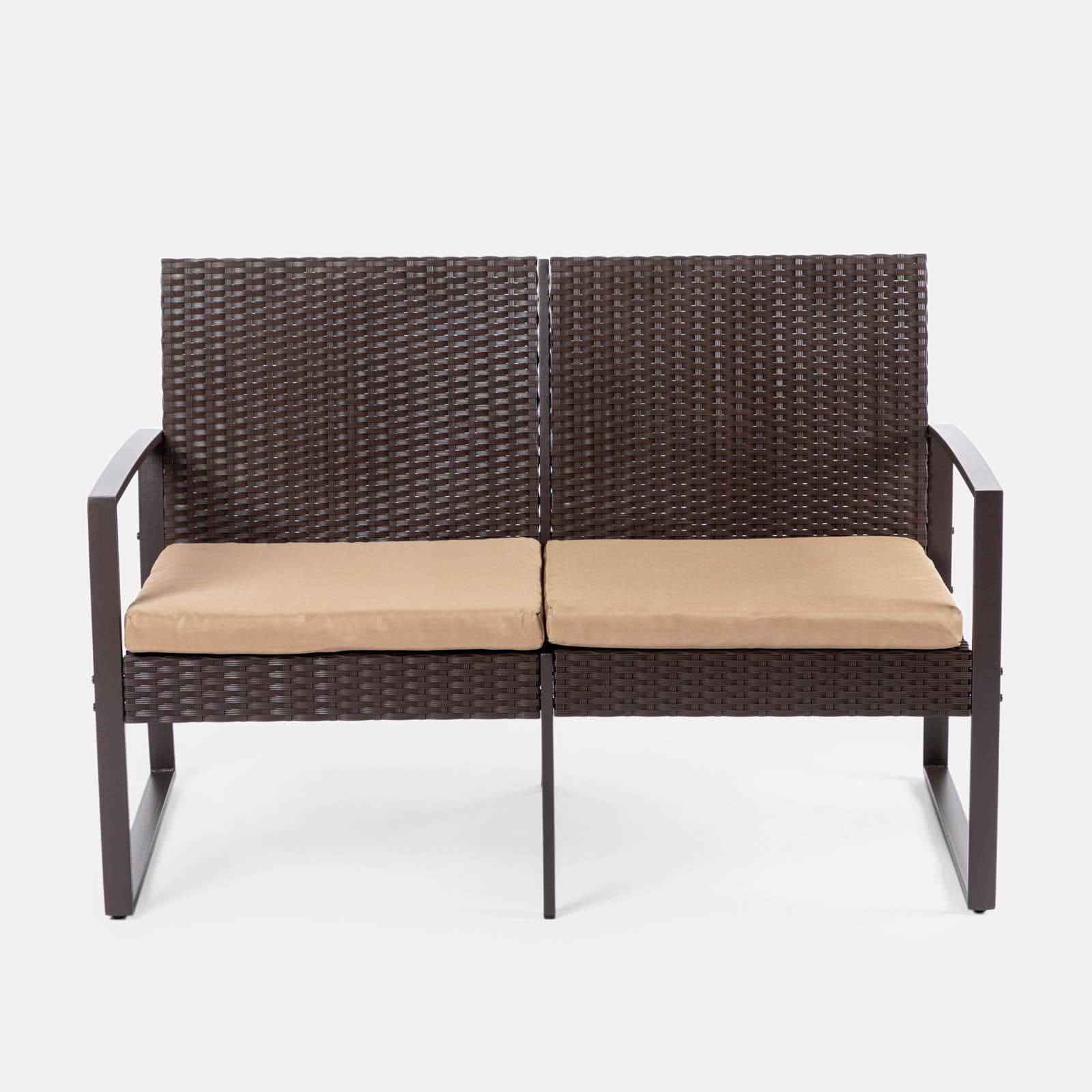 Set relax divano 2 poltrone e tavolino in polyrattan e acciaio marrone – Jerez