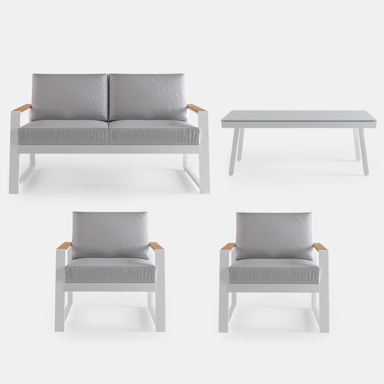 Set relax divano 2 poltrone e tavolino con top in vetro in alluminio bianco con cuscini - Sombrero