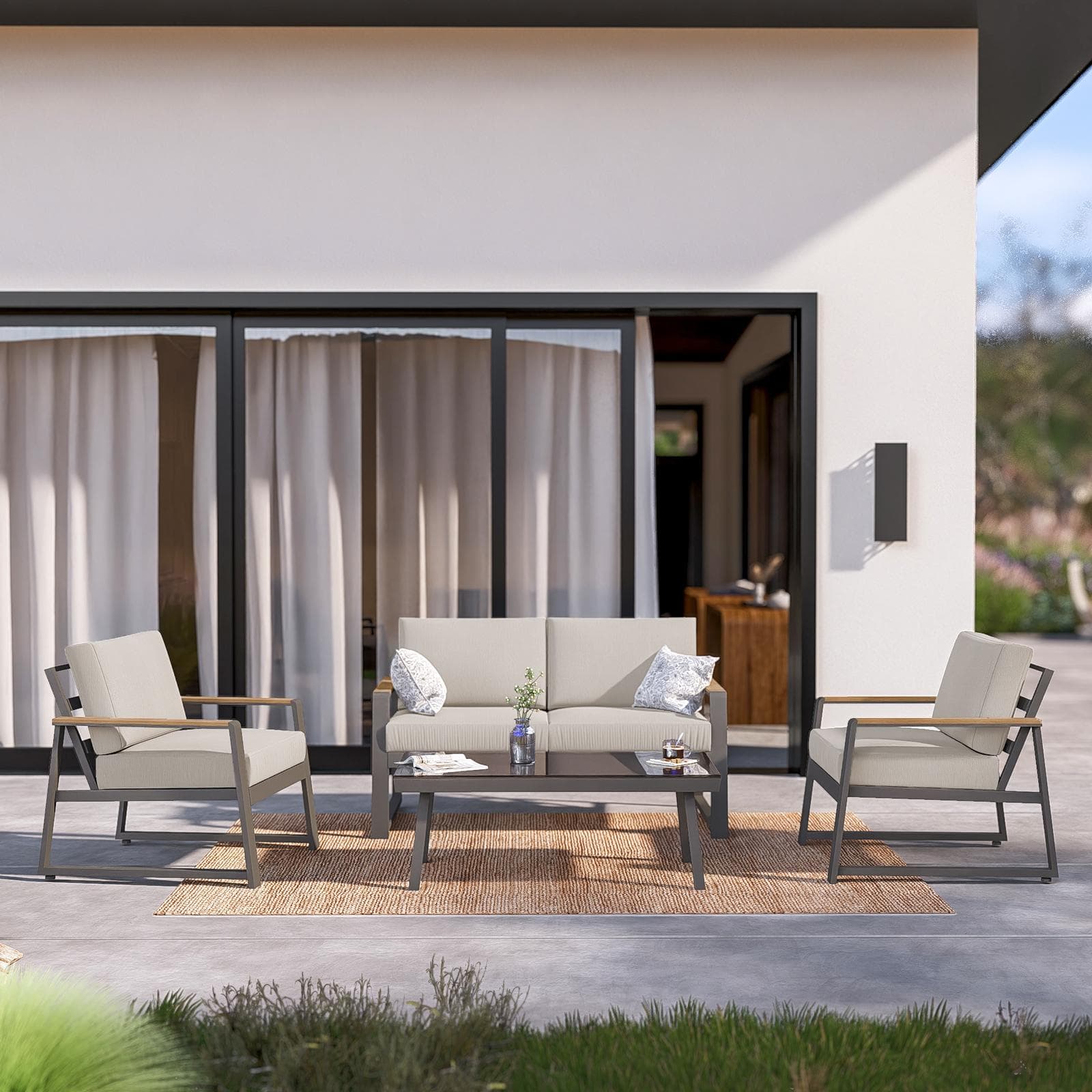 Set relax divano 2 poltrone e tavolino con top in vetro in alluminio tortora con cuscini - Sombrero