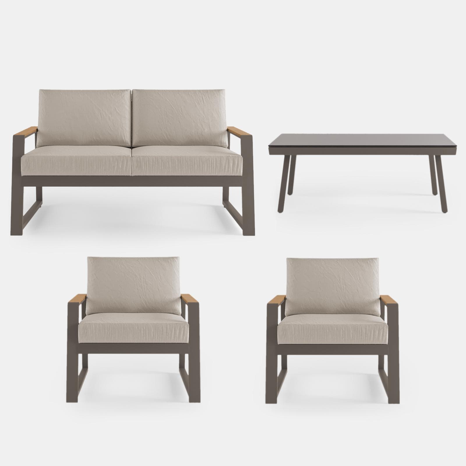 Set relax divano 2 poltrone e tavolino con top in vetro in alluminio tortora con cuscini - Sombrero