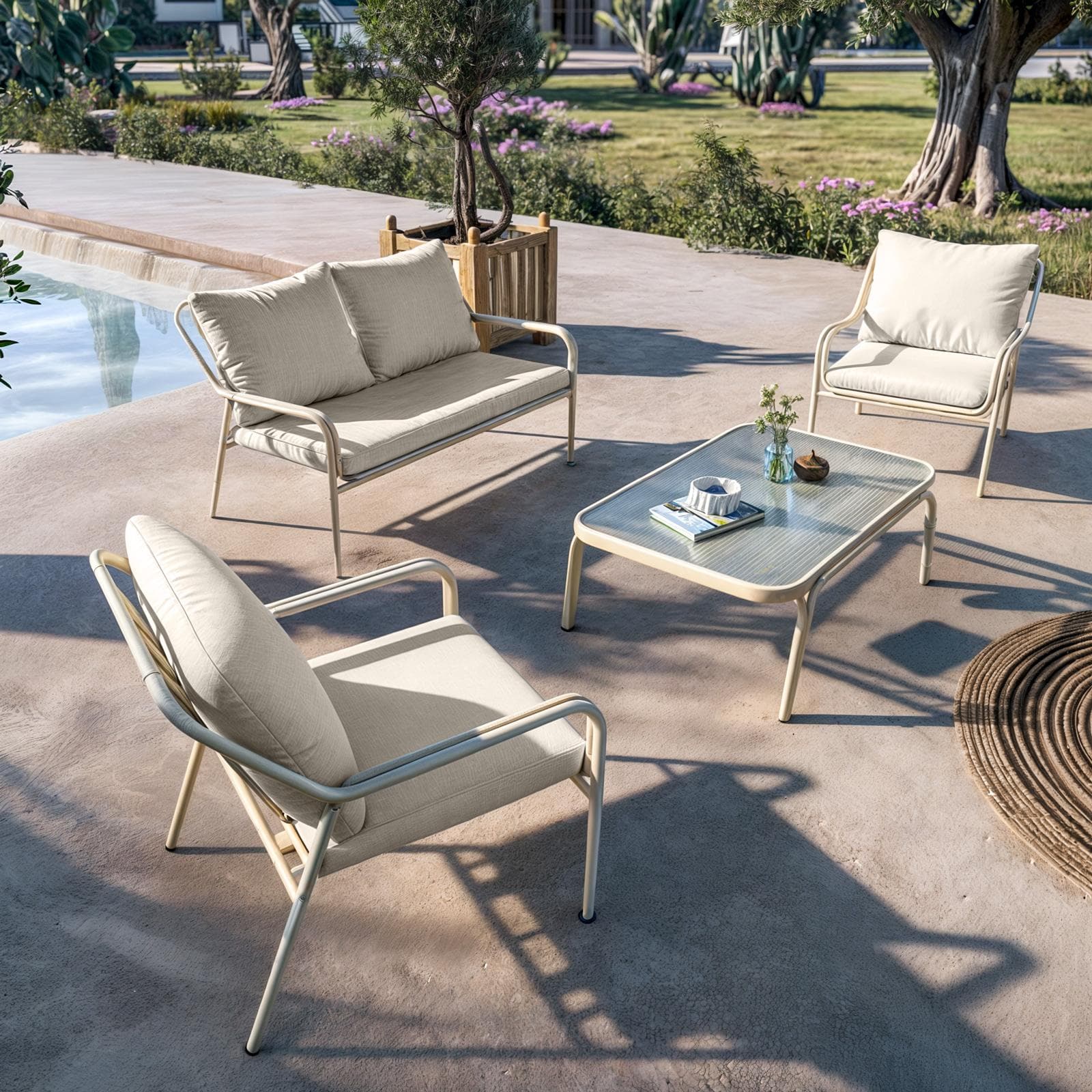 Set relax divano 2 poltrone e tavolino in acciaio champagne con cuscini beige - Arorn