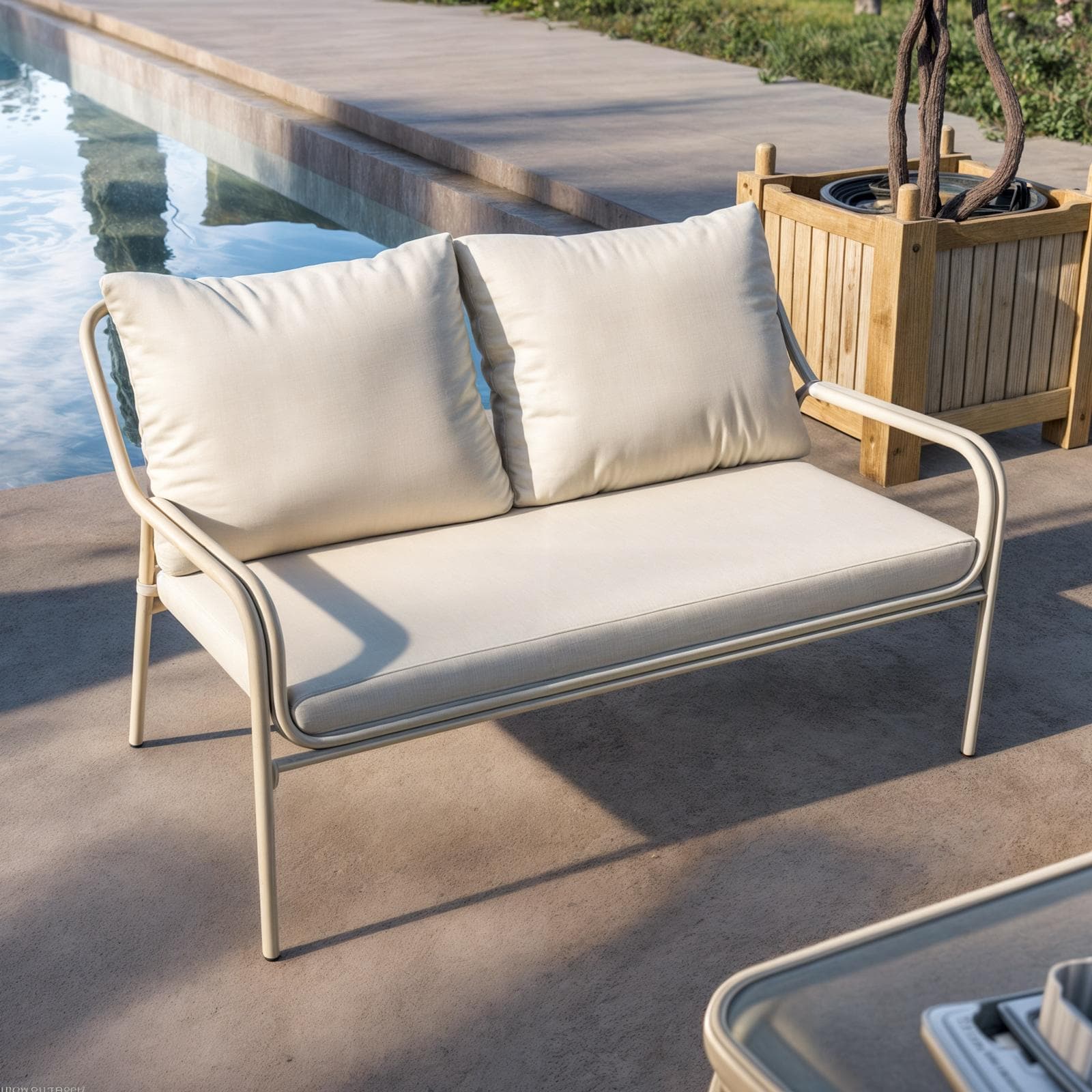 Set relax divano 2 poltrone e tavolino in acciaio champagne con cuscini beige - Arorn