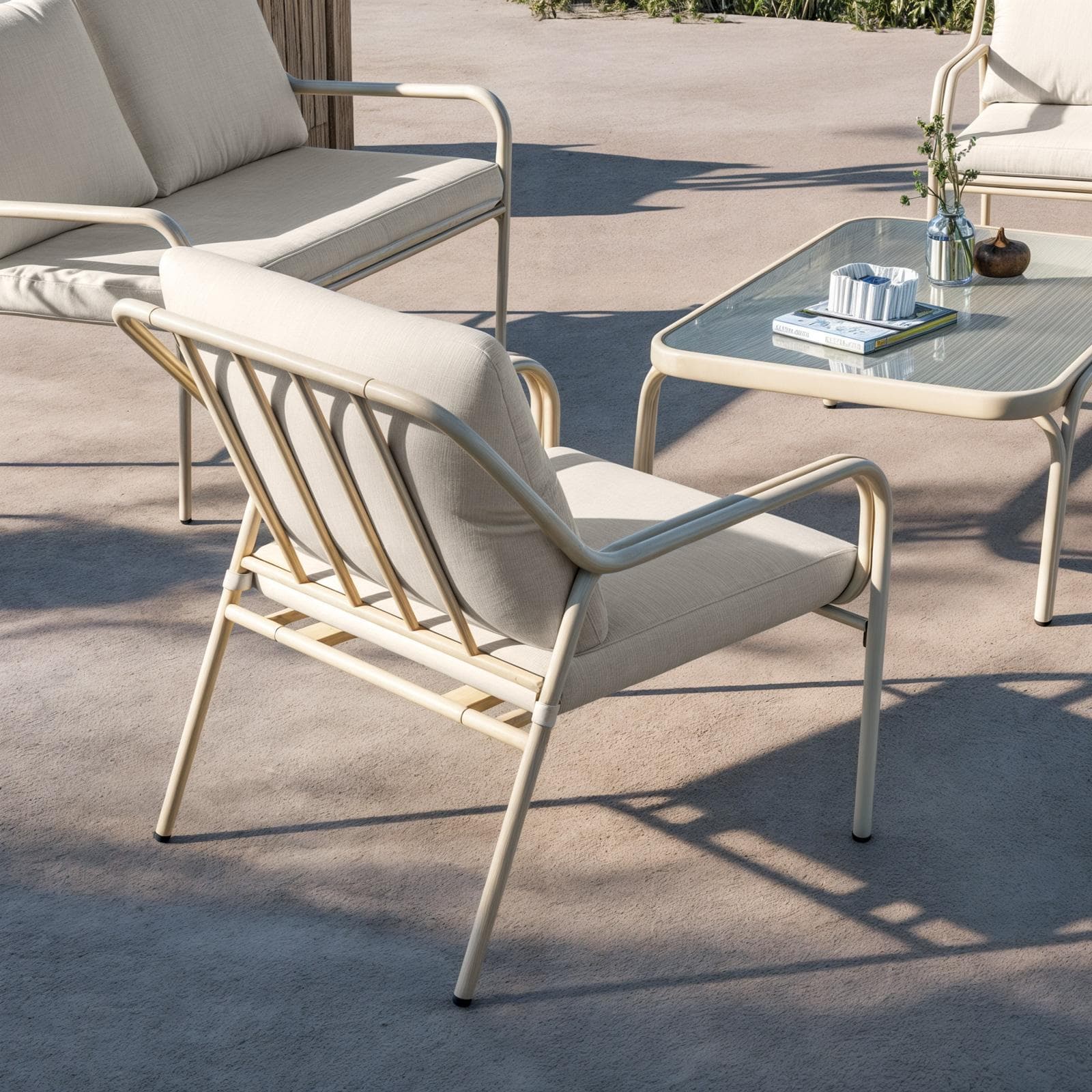 Set relax divano 2 poltrone e tavolino in acciaio champagne con cuscini beige - Arorn