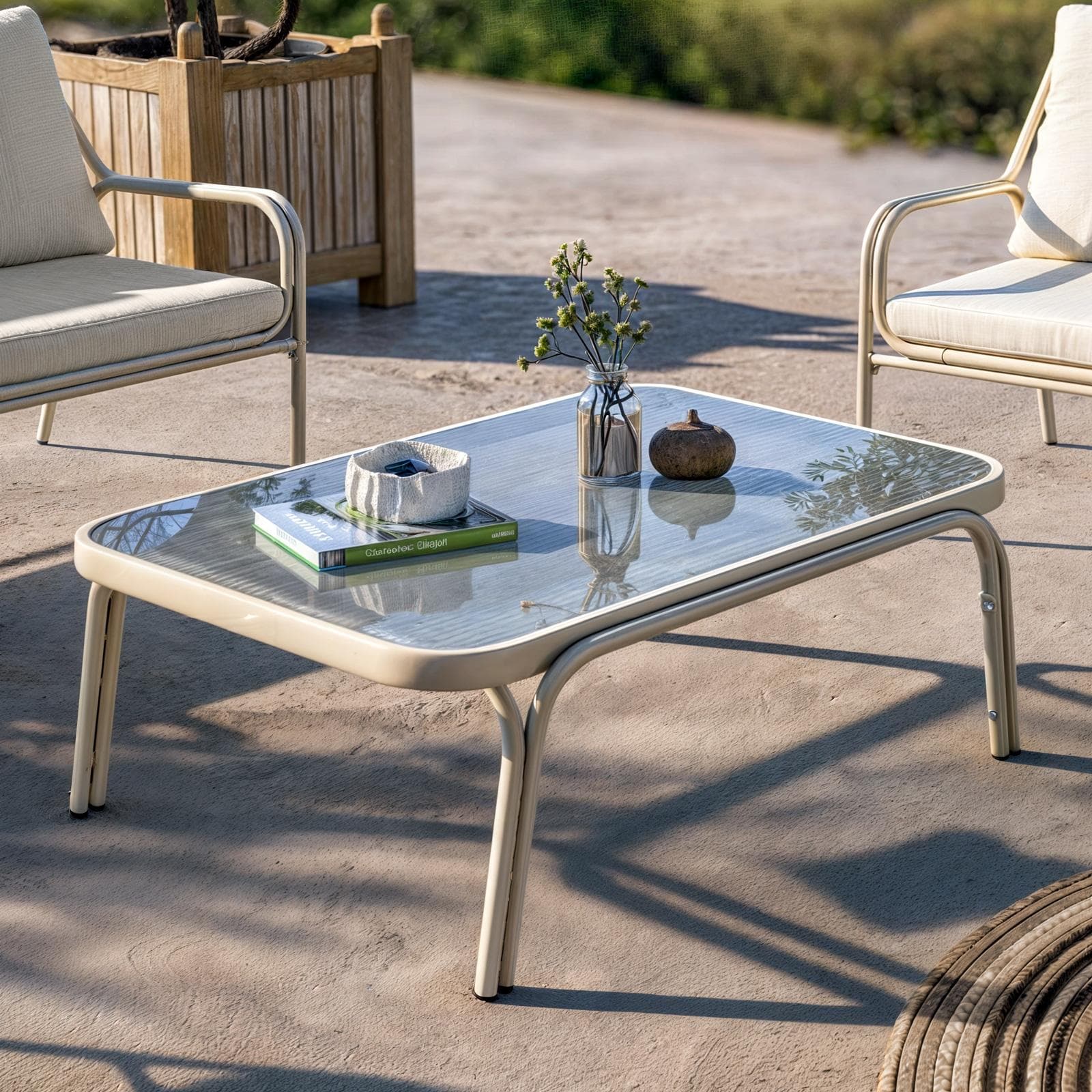 Set relax divano 2 poltrone e tavolino in acciaio champagne con cuscini beige - Arorn