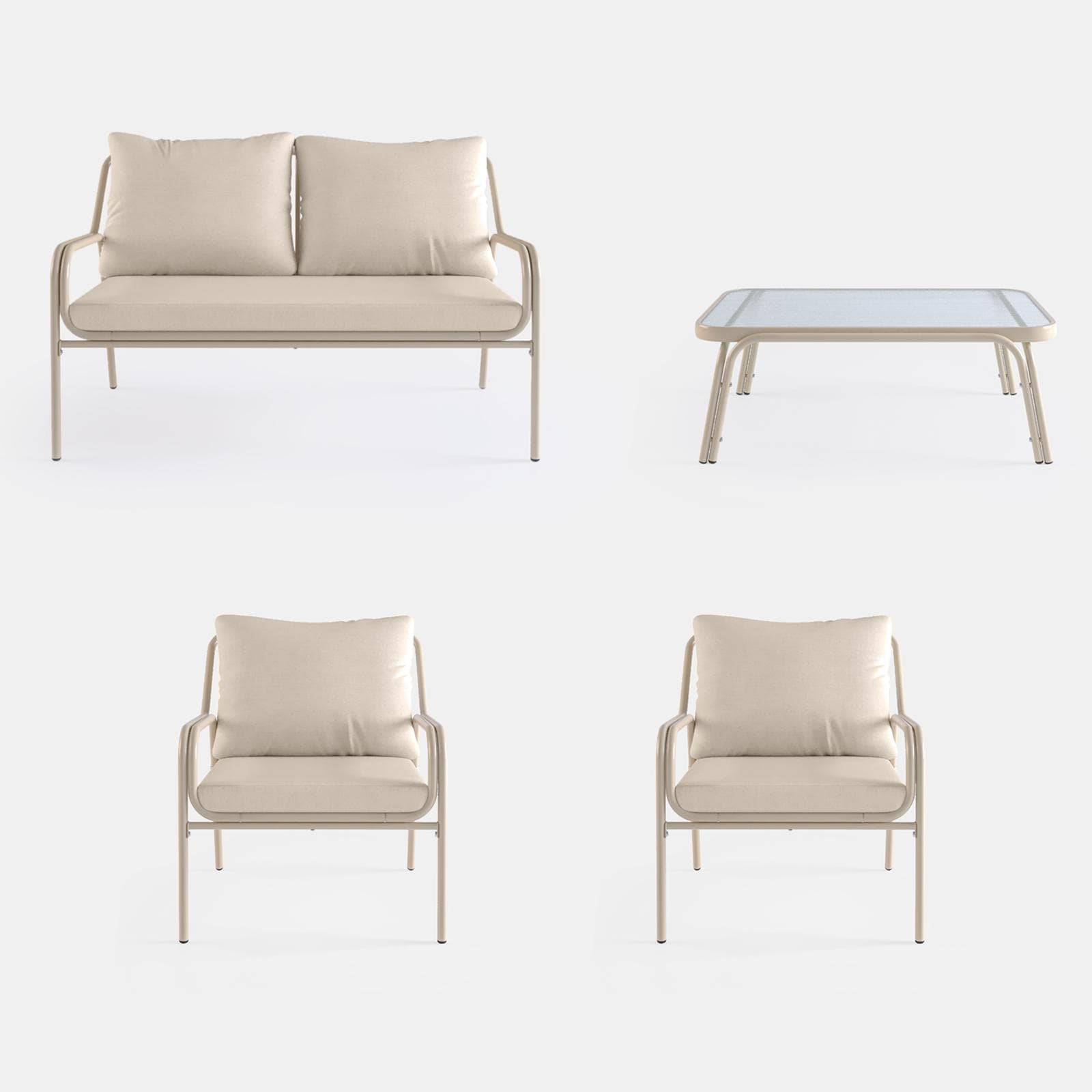 Set relax divano 2 poltrone e tavolino in acciaio champagne con cuscini beige - Arorn