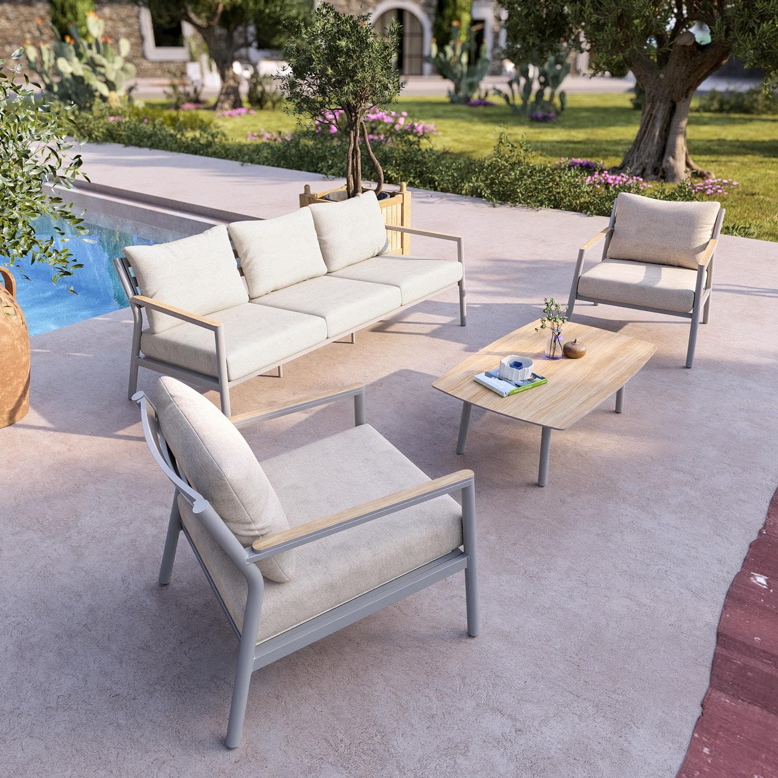 Set relax divano 3 posti due poltrone e tavolino in alluminio grigio con cuscini beige - Mibald