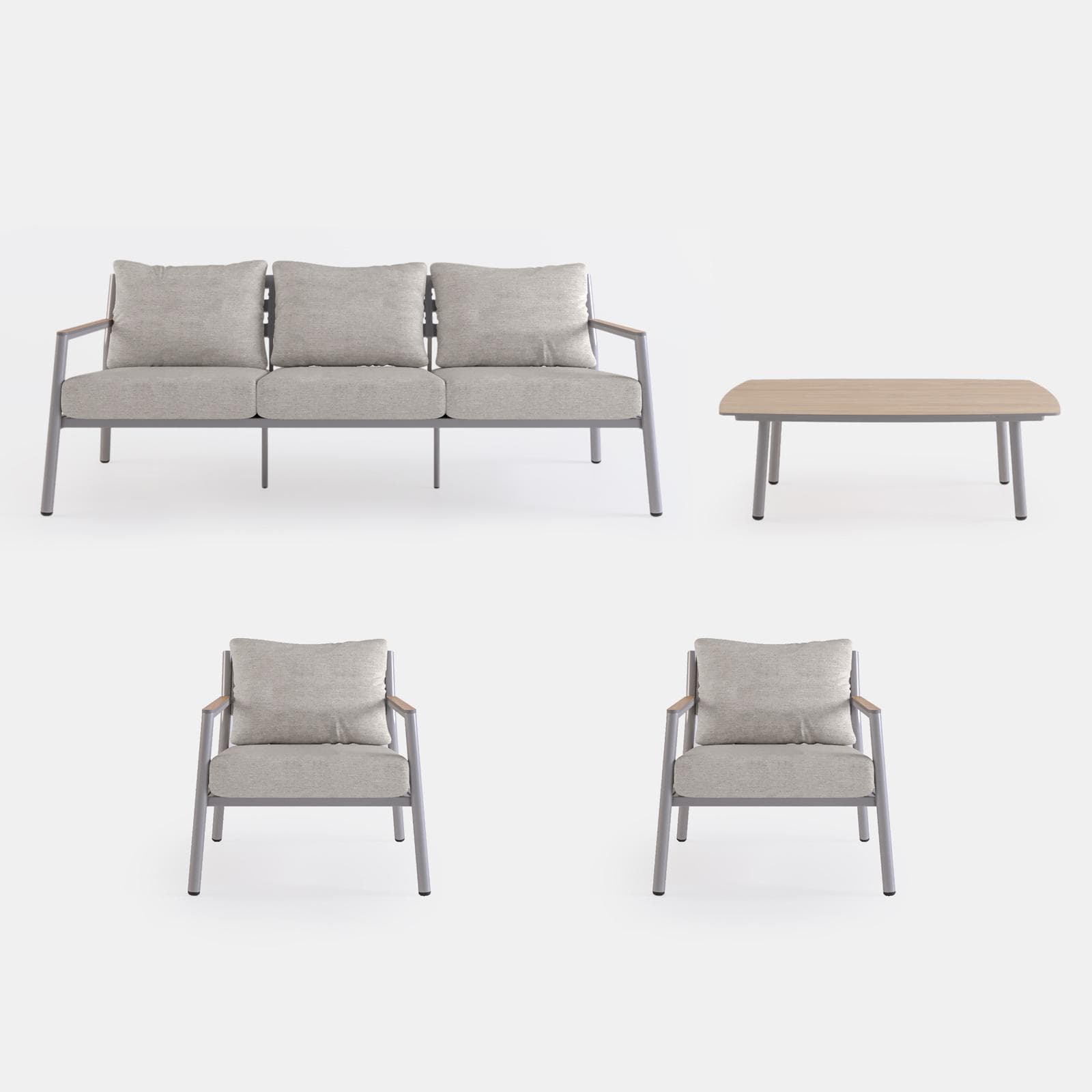 Set relax divano 3 posti due poltrone e tavolino in alluminio grigio con cuscini beige - Mibald