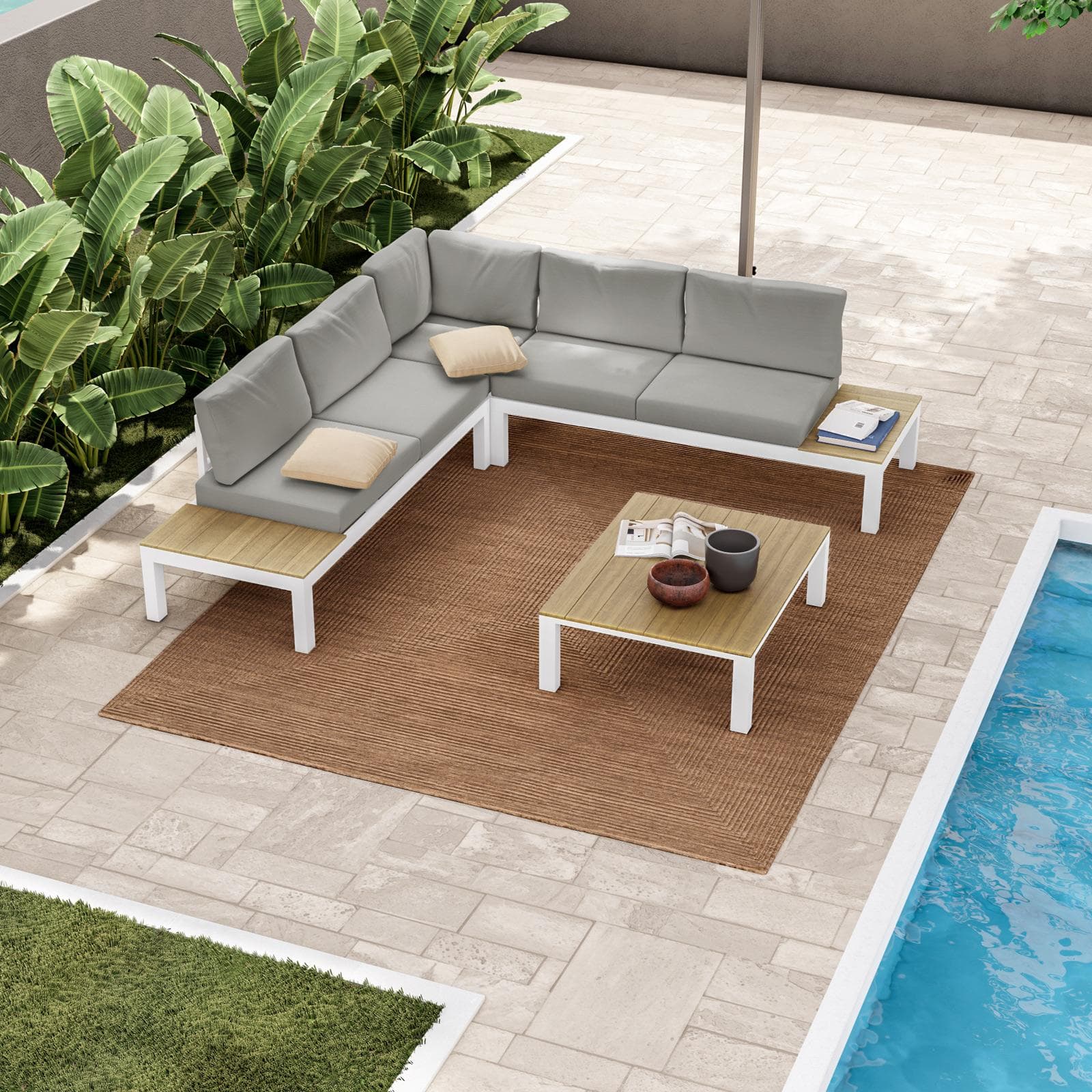 Set relax divano angolare e tavolino in alluminio e polywood teak - Stephane
