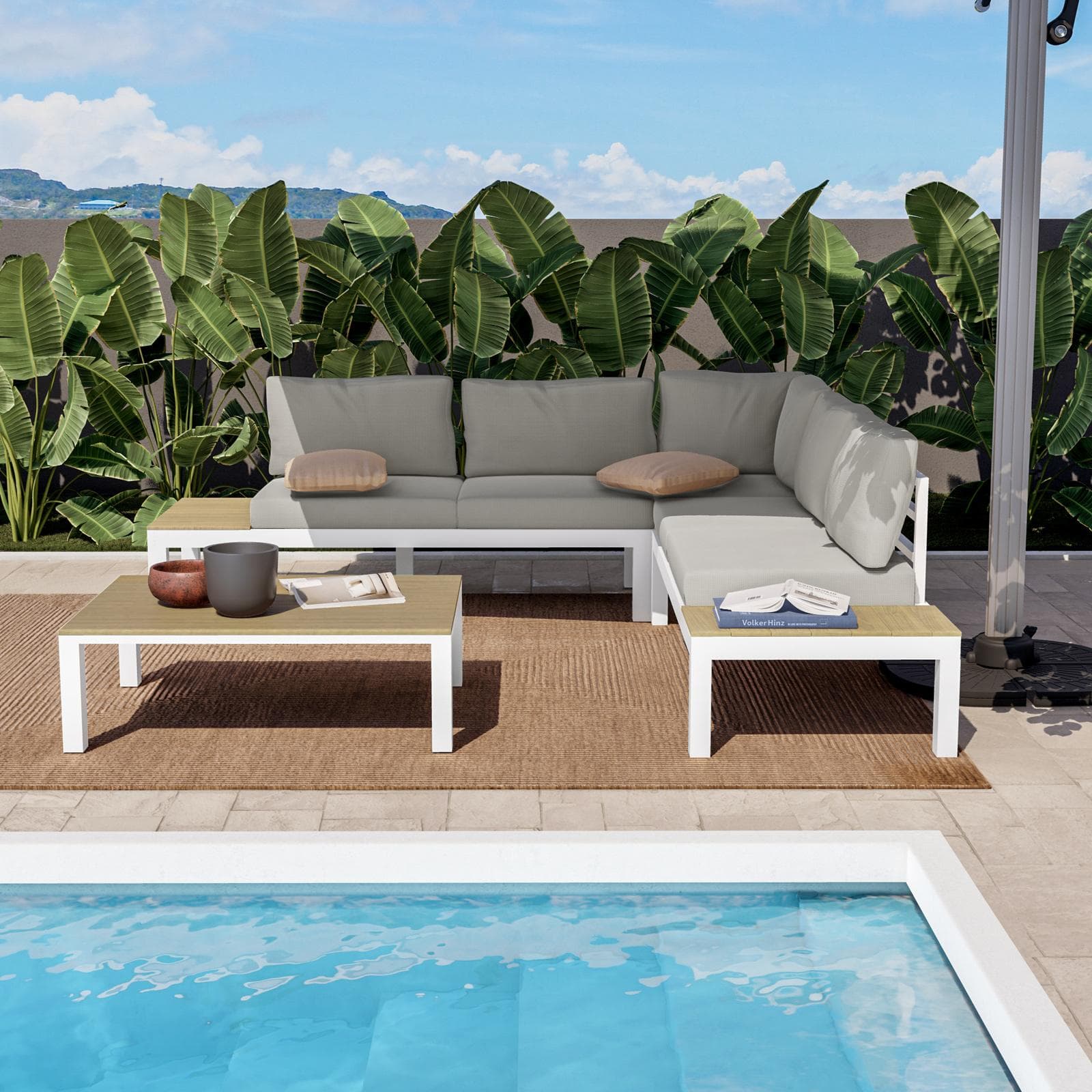 Set relax divano angolare e tavolino in alluminio e polywood teak - Stephane