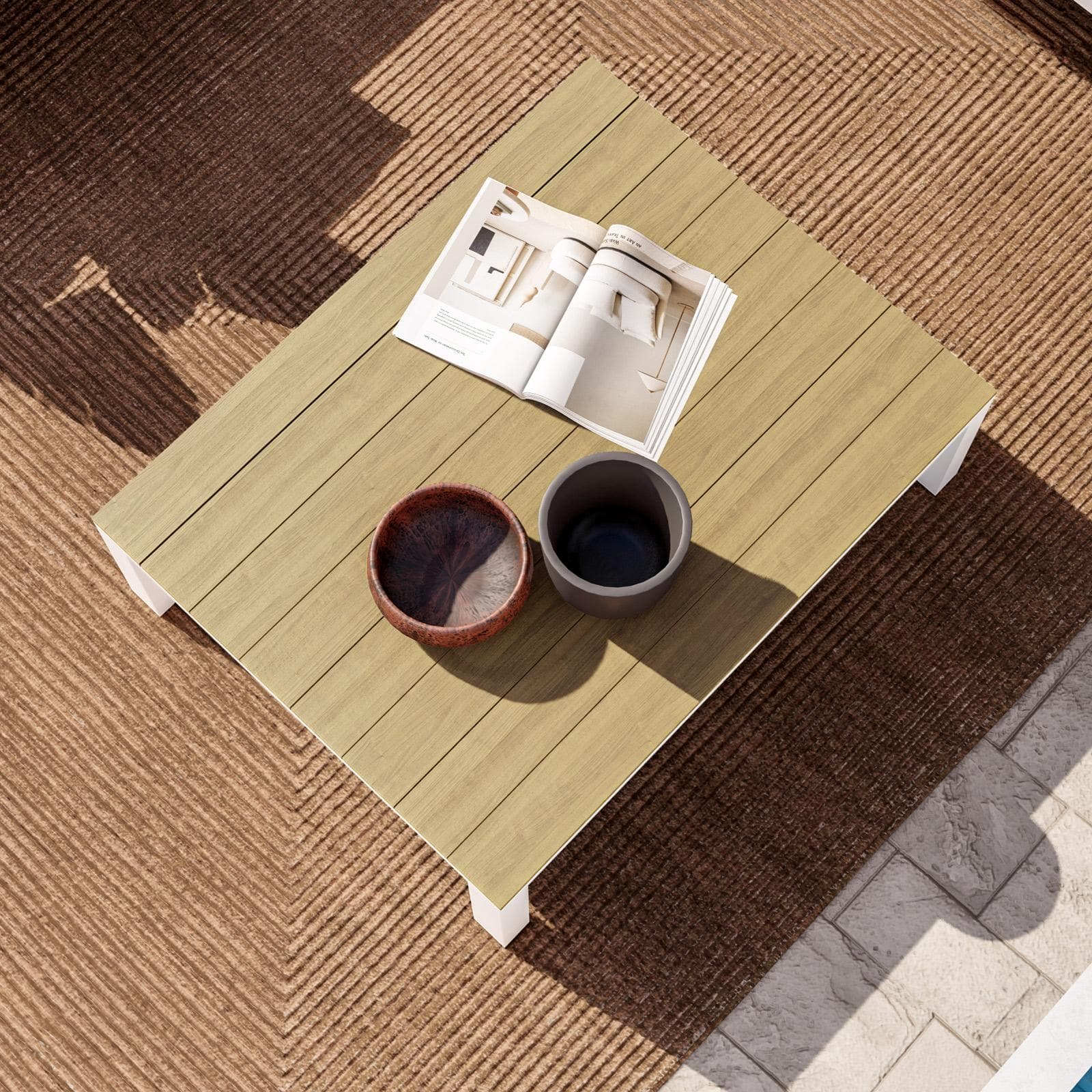 Set relax divano angolare e tavolino in alluminio e polywood teak - Stephane