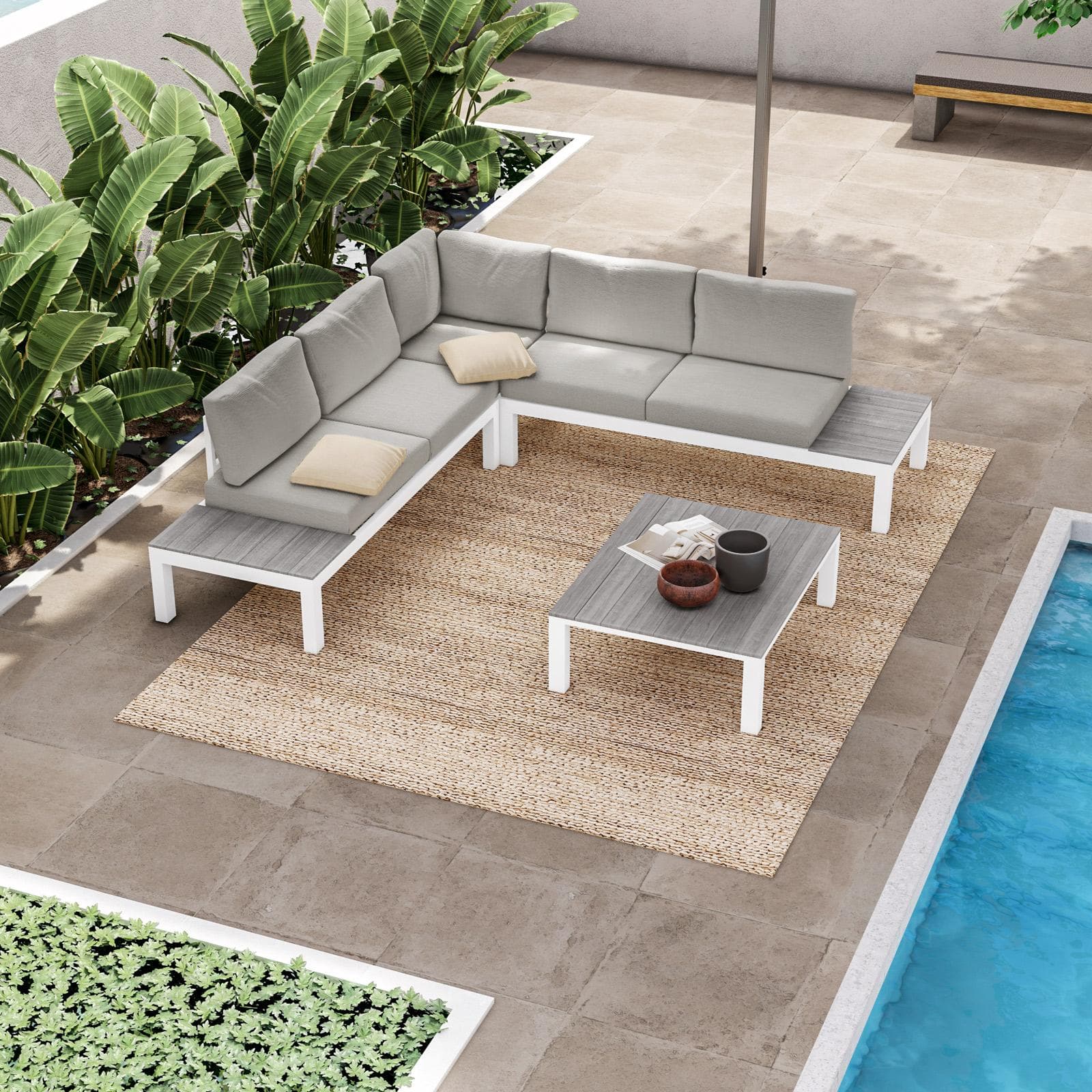 Set relax divano angolare grigio e tavolino in alluminio bianco e polywood - Stephane
