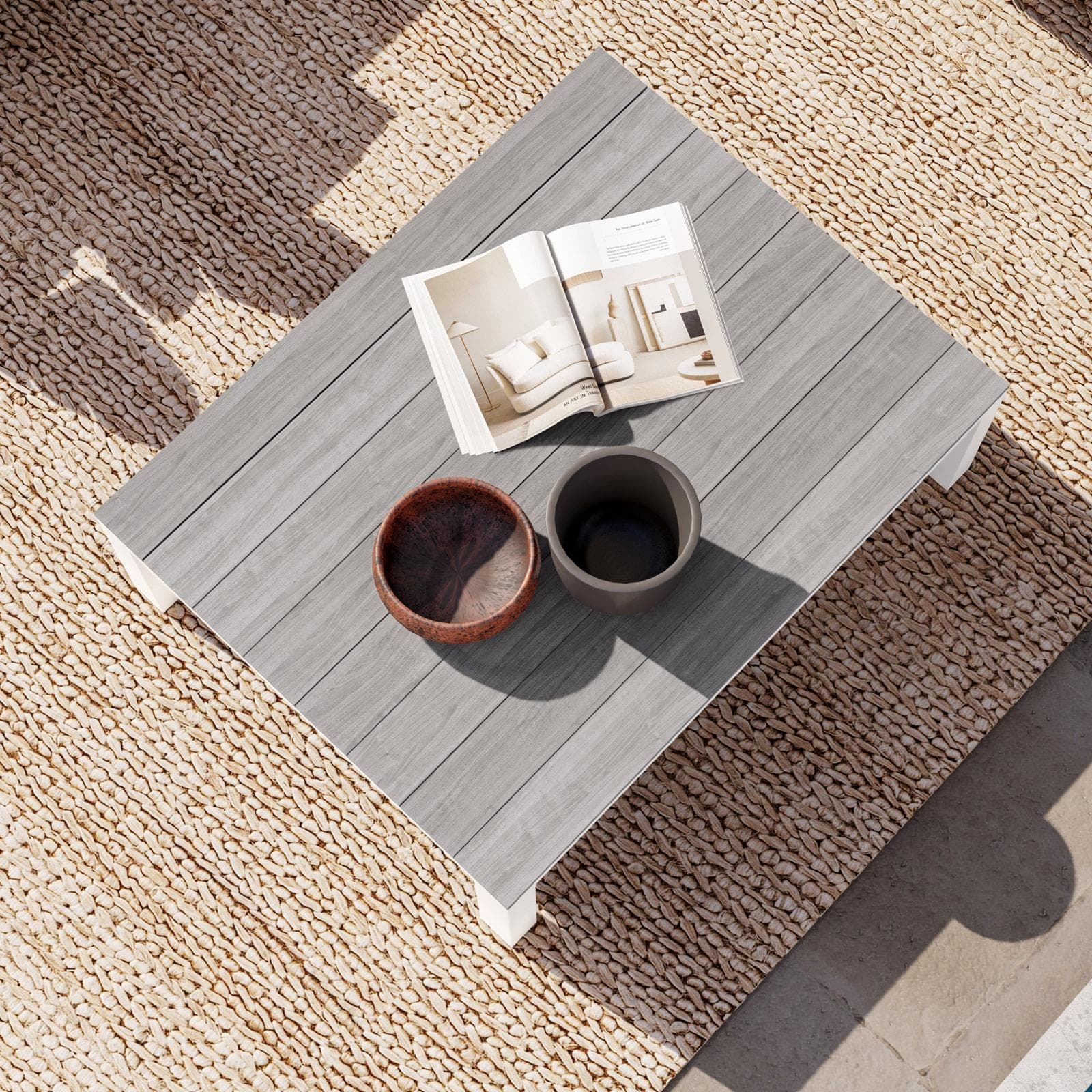 Set relax divano angolare grigio e tavolino in alluminio bianco e polywood - Stephane